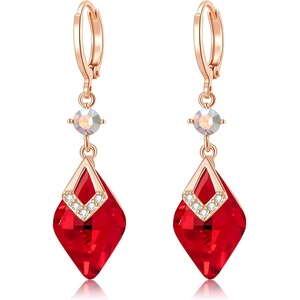 image:imageTrendy Austrian Crystal Rhombus Drop Huggie Dangle Earrings for Women 14k Rose Gold Plated Hypoallergenic Jewelry GiftsRed