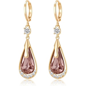 image:imageTrendy Austrian Crystal Teardrop Drop Huggie Dangle Earrings for Women 14k Rose Gold Plated Hypoallergenic Jewelry GiftsAntique Pink