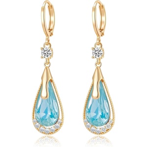 image:imageTrendy Austrian Crystal Teardrop Drop Huggie Dangle Earrings for Women 14k Rose Gold Plated Hypoallergenic Jewelry GiftsAquamarine