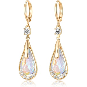 image:imageTrendy Austrian Crystal Teardrop Drop Huggie Dangle Earrings for Women 14k Rose Gold Plated Hypoallergenic Jewelry GiftsAurora Borealis
