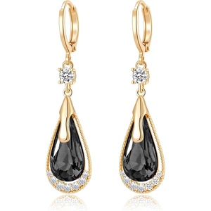 image:imageTrendy Austrian Crystal Teardrop Drop Huggie Dangle Earrings for Women 14k Rose Gold Plated Hypoallergenic Jewelry GiftsBlack
