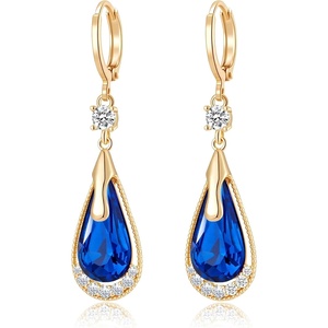 image:imageTrendy Austrian Crystal Teardrop Drop Huggie Dangle Earrings for Women 14k Rose Gold Plated Hypoallergenic Jewelry GiftsBlue