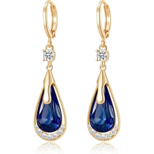 image:imageTrendy Austrian Crystal Teardrop Drop Huggie Dangle Earrings for Women 14k Rose Gold Plated Hypoallergenic Jewelry GiftsDark Blue