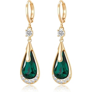 image:imageTrendy Austrian Crystal Teardrop Drop Huggie Dangle Earrings for Women 14k Rose Gold Plated Hypoallergenic Jewelry GiftsGreen