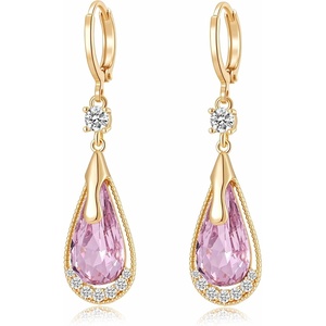 image:imageTrendy Austrian Crystal Teardrop Drop Huggie Dangle Earrings for Women 14k Rose Gold Plated Hypoallergenic Jewelry GiftsPink