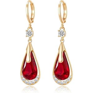 image:imageTrendy Austrian Crystal Teardrop Drop Huggie Dangle Earrings for Women 14k Rose Gold Plated Hypoallergenic Jewelry GiftsRed