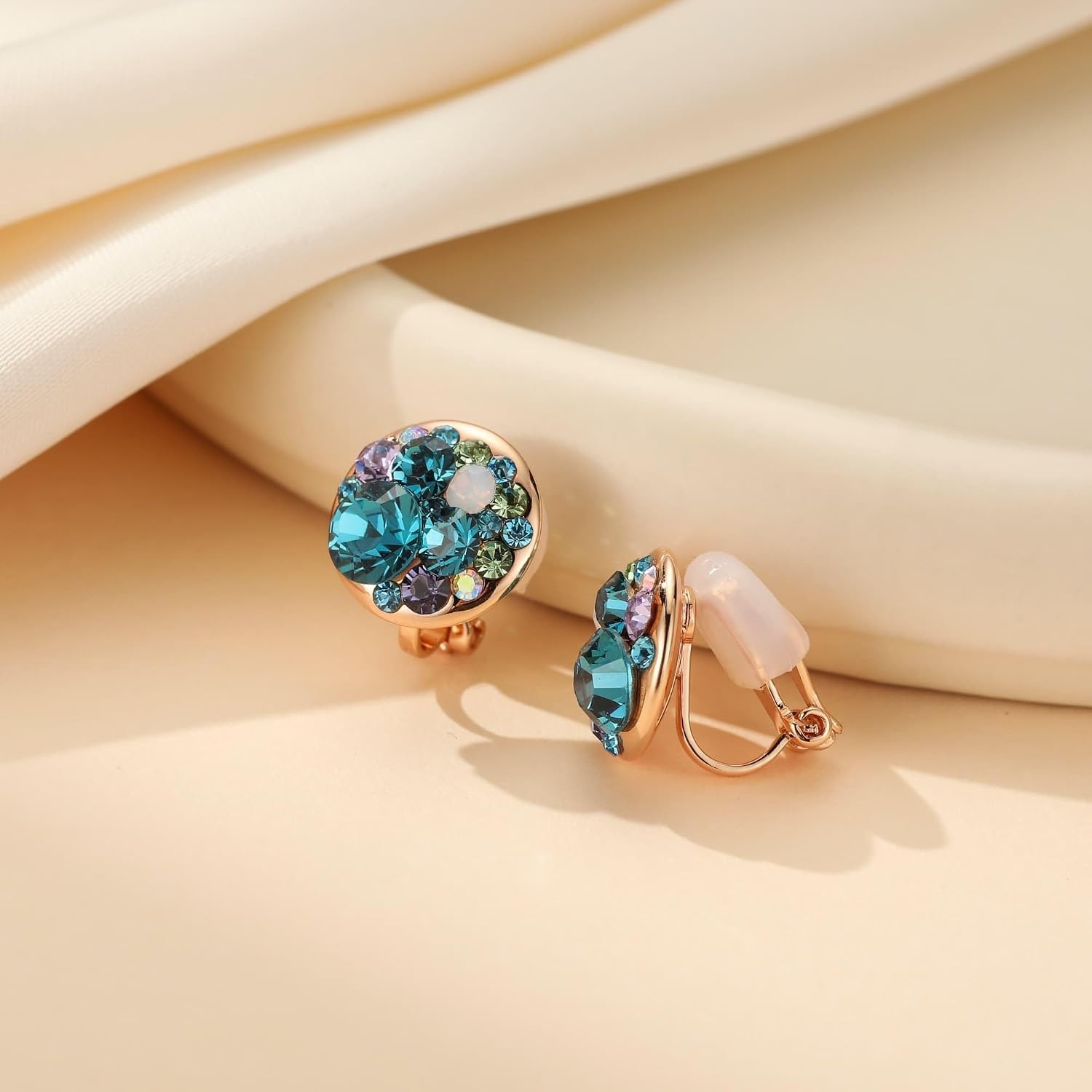 image:imageAustrian Crystal Multicolored Cilp On Earrings for Women  14K gold plated brasscolorful crystalnonpiercedsoft silicone padsgift boxBlue Green CrystalsRose Goldtone