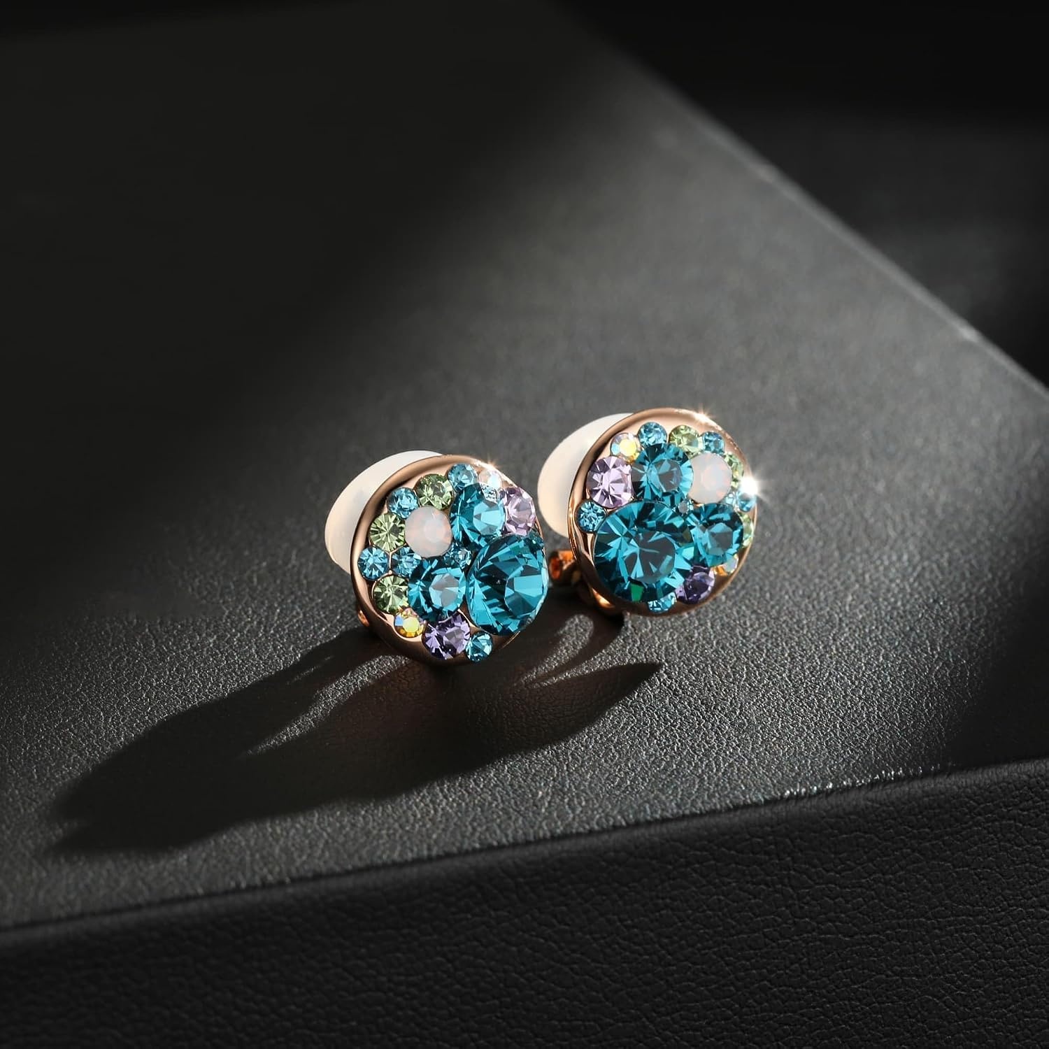 image:imageAustrian Crystal Multicolored Cilp On Earrings for Women  14K gold plated brasscolorful crystalnonpiercedsoft silicone padsgift boxBlue Green CrystalsRose Goldtone