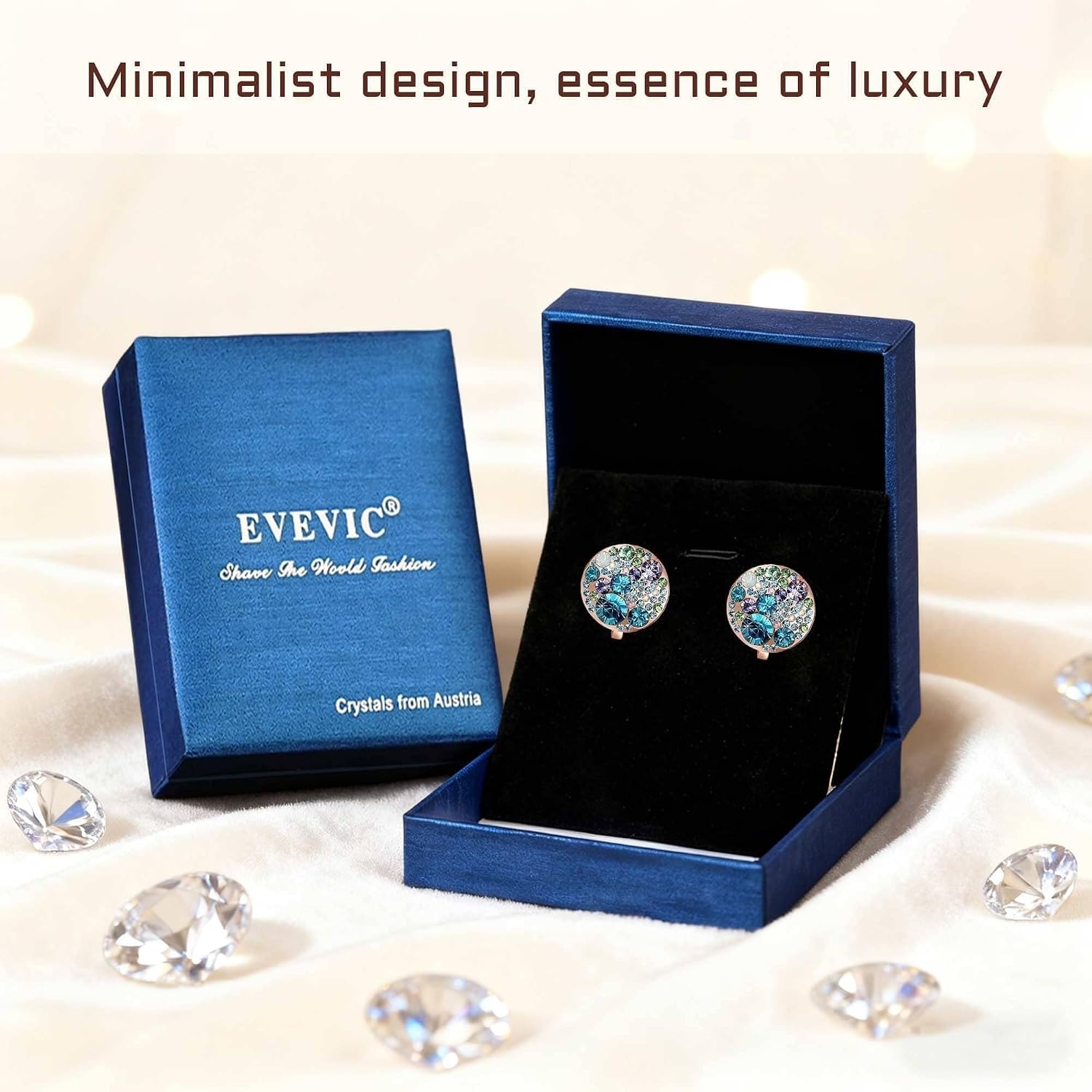 image:imageAustrian Crystal Multicolored Cilp On Earrings for Women  14K gold plated brasscolorful crystalnonpiercedsoft silicone padsgift boxBlue Green CrystalsRose Goldtone
