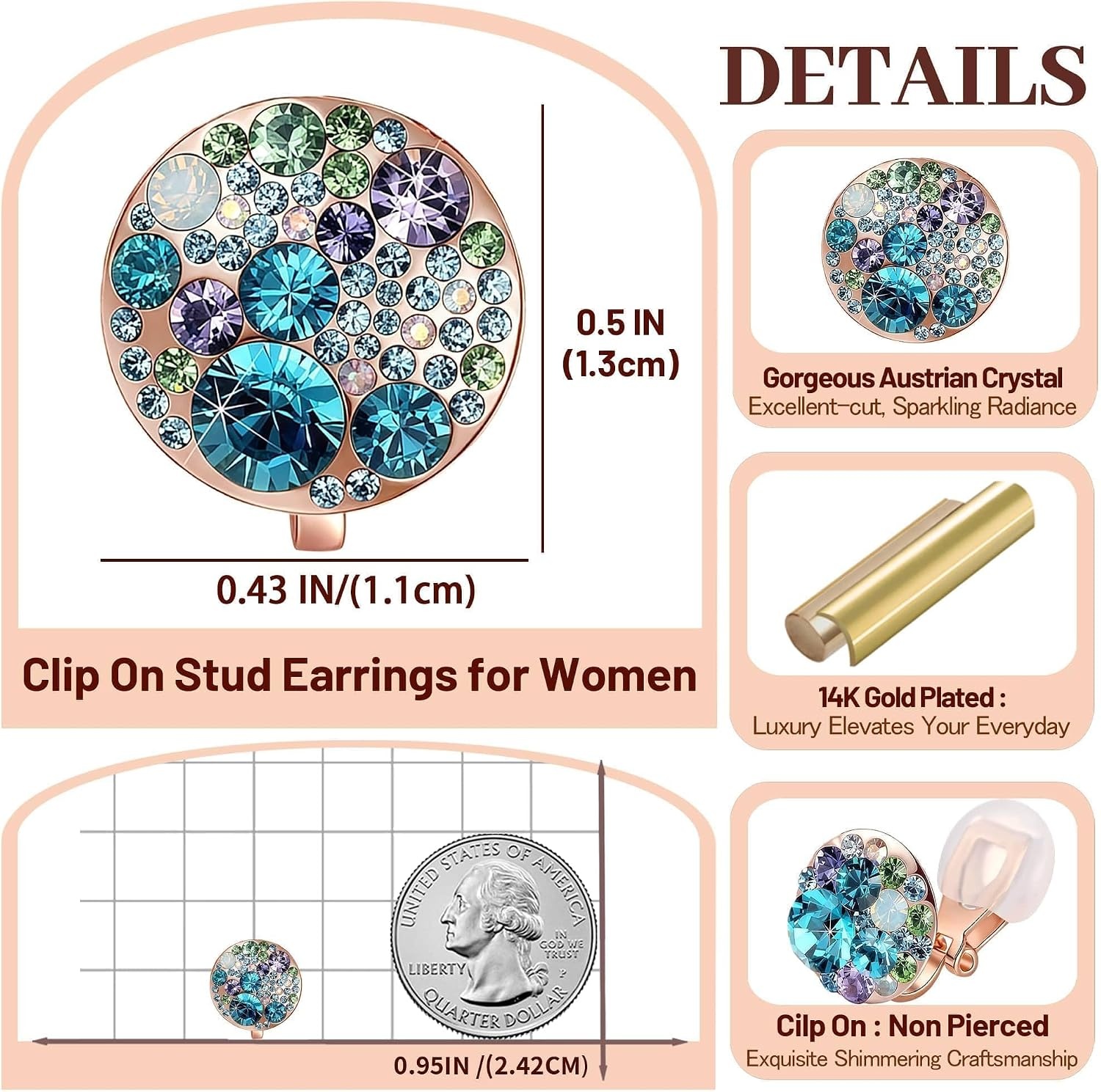image:imageAustrian Crystal Multicolored Cilp On Earrings for Women  14K gold plated brasscolorful crystalnonpiercedsoft silicone padsgift boxBlue Green CrystalsRose Goldtone