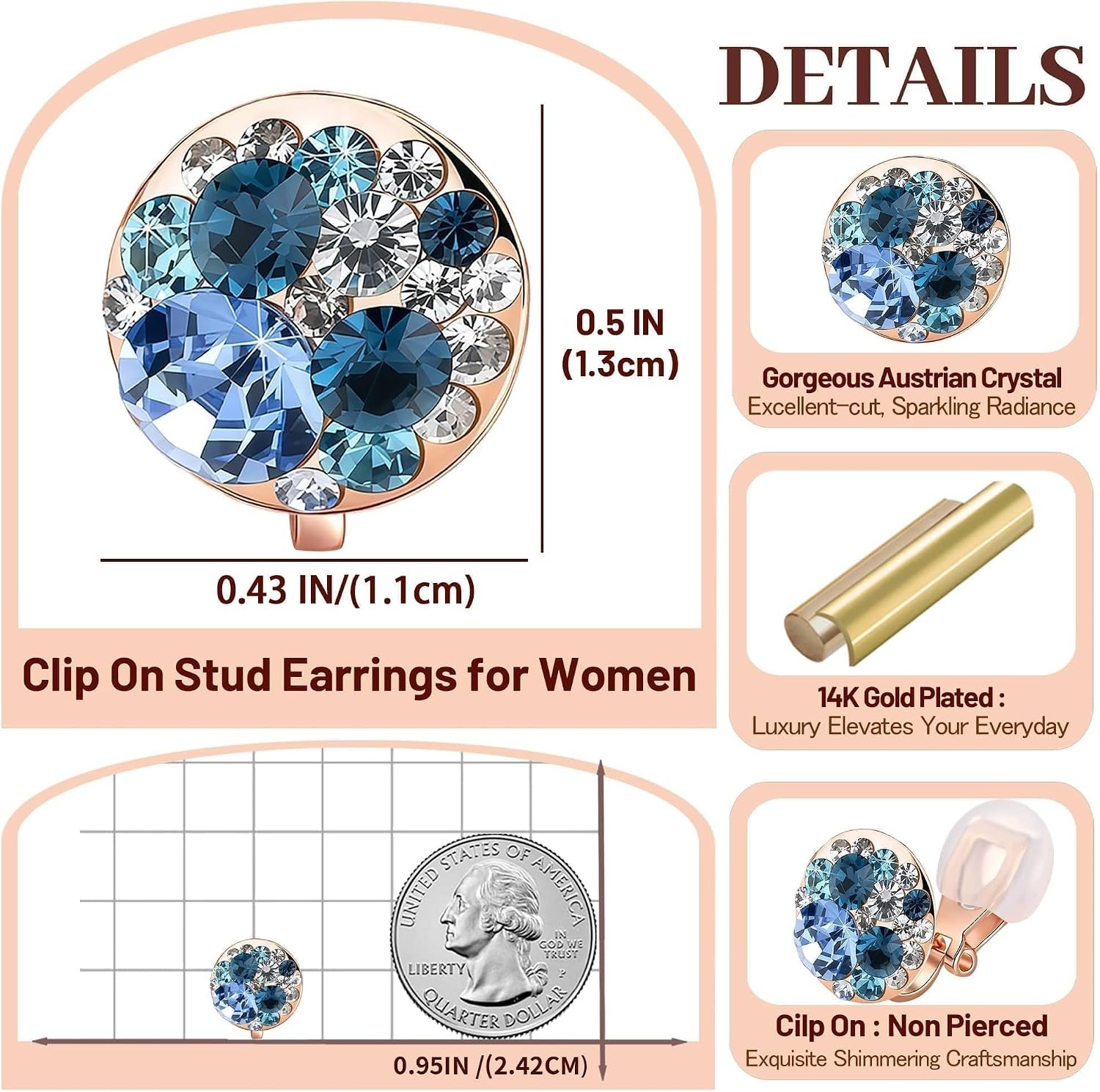 image:imageAustrian Crystal Multicolored Cilp On Earrings for Women  14K gold plated brasscolorful crystalnonpiercedsoft silicone padsgift boxBlue Main CrystalRose Goldtone