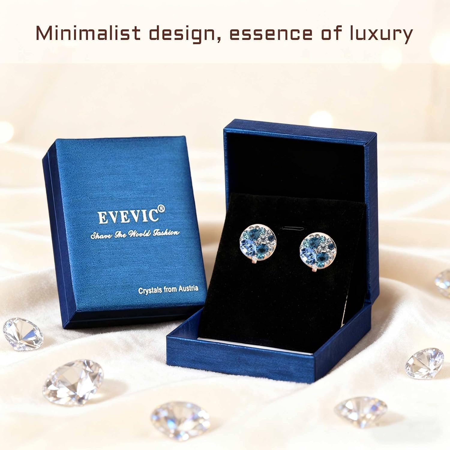 image:imageAustrian Crystal Multicolored Cilp On Earrings for Women  14K gold plated brasscolorful crystalnonpiercedsoft silicone padsgift boxBlue Main CrystalRose Goldtone