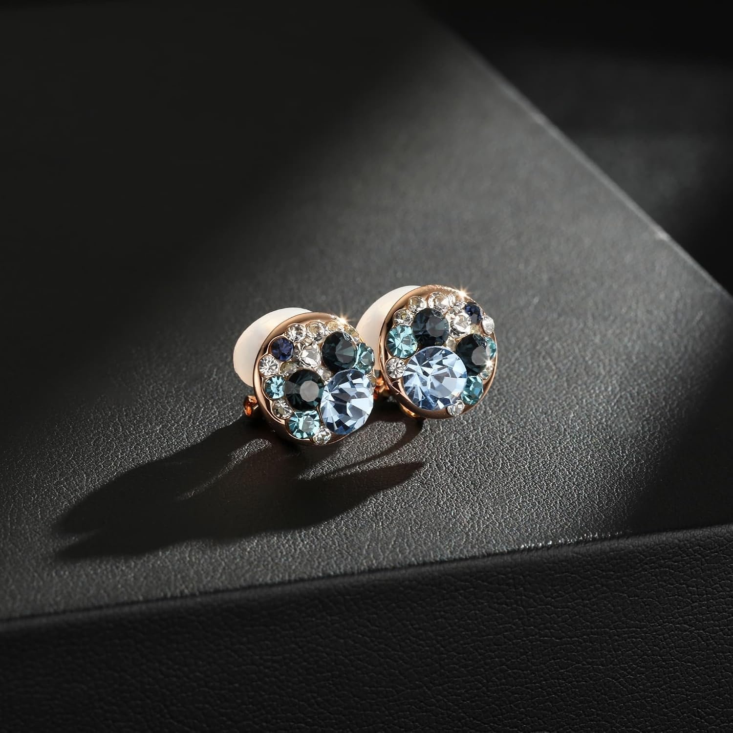 image:imageAustrian Crystal Multicolored Cilp On Earrings for Women  14K gold plated brasscolorful crystalnonpiercedsoft silicone padsgift boxBlue Main CrystalRose Goldtone