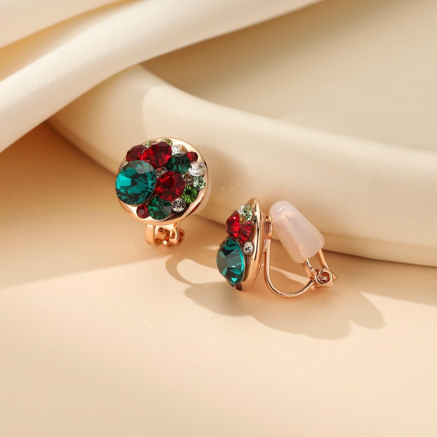 image:imageAustrian Crystal Multicolored Cilp On Earrings for Women  14K gold plated brasscolorful crystalnonpiercedsoft silicone padsgift boxChristmas Glow