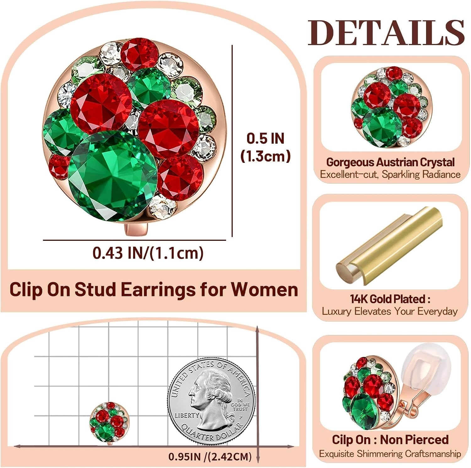 image:imageAustrian Crystal Multicolored Cilp On Earrings for Women  14K gold plated brasscolorful crystalnonpiercedsoft silicone padsgift boxChristmas Glow