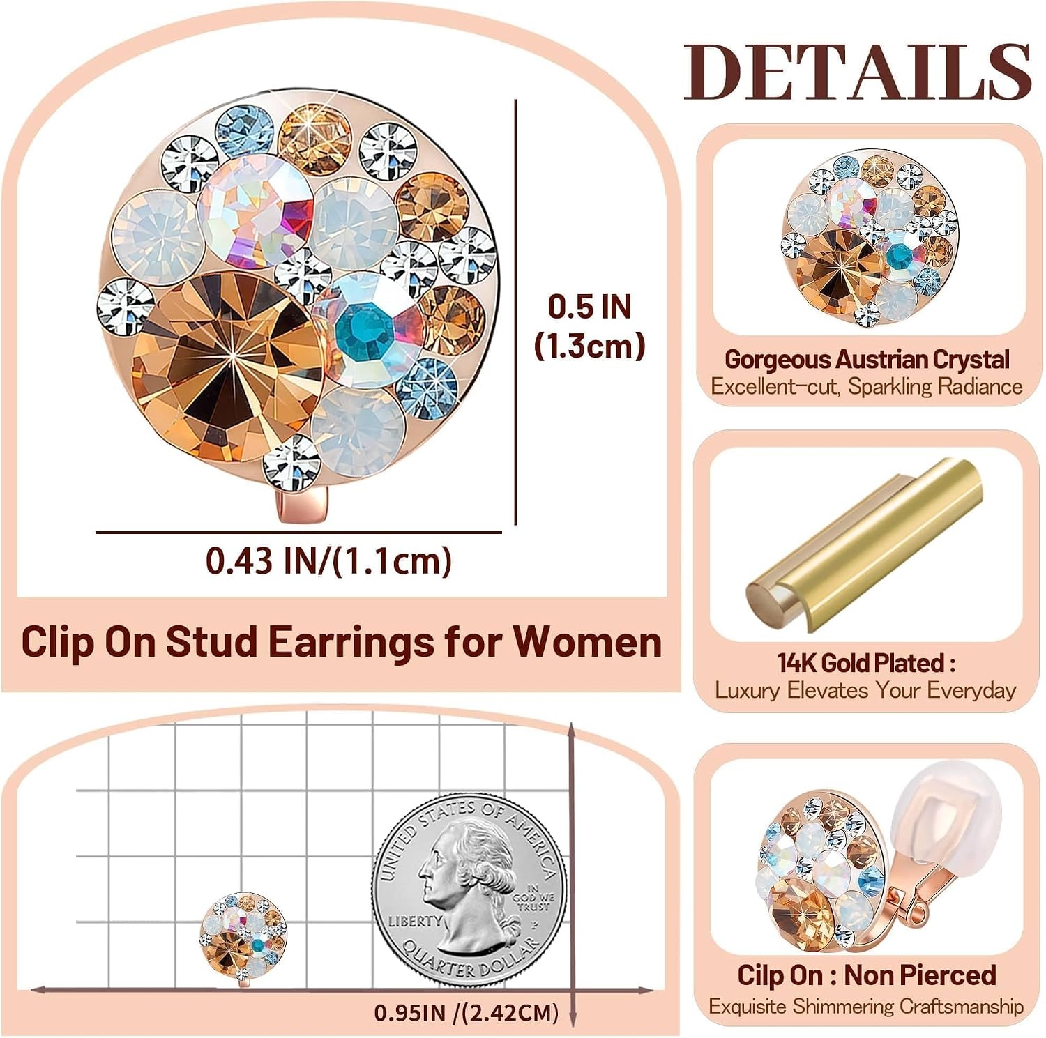 image:imageAustrian Crystal Multicolored Cilp On Earrings for Women  14K gold plated brasscolorful crystalnonpiercedsoft silicone padsgift boxGolden Main CrystalRose Goldtone