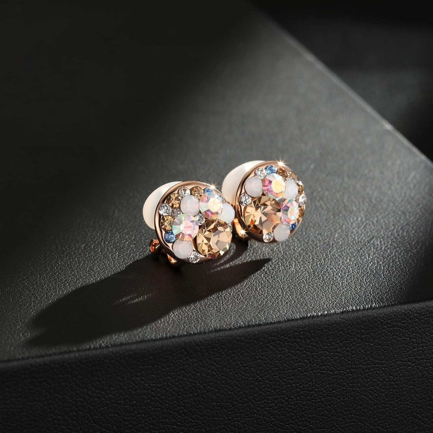 image:imageAustrian Crystal Multicolored Cilp On Earrings for Women  14K gold plated brasscolorful crystalnonpiercedsoft silicone padsgift boxGolden Main CrystalRose Goldtone