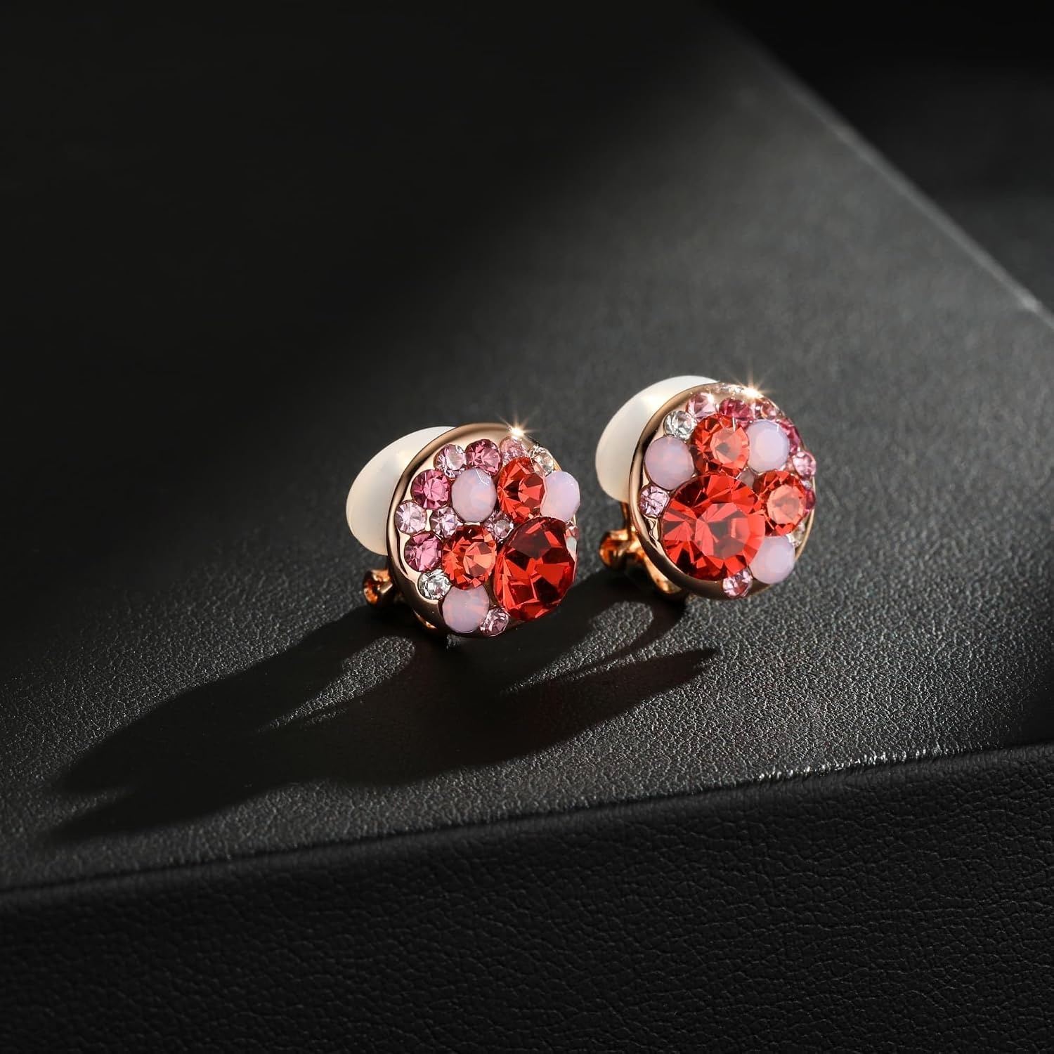 image:imageAustrian Crystal Multicolored Cilp On Earrings for Women  14K gold plated brasscolorful crystalnonpiercedsoft silicone padsgift boxPink Red CrystalsRose Goldtone