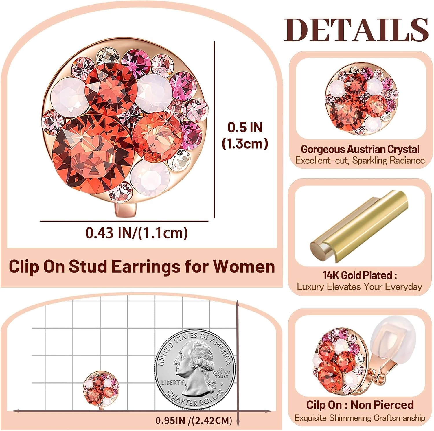 image:imageAustrian Crystal Multicolored Cilp On Earrings for Women  14K gold plated brasscolorful crystalnonpiercedsoft silicone padsgift boxPink Red CrystalsRose Goldtone
