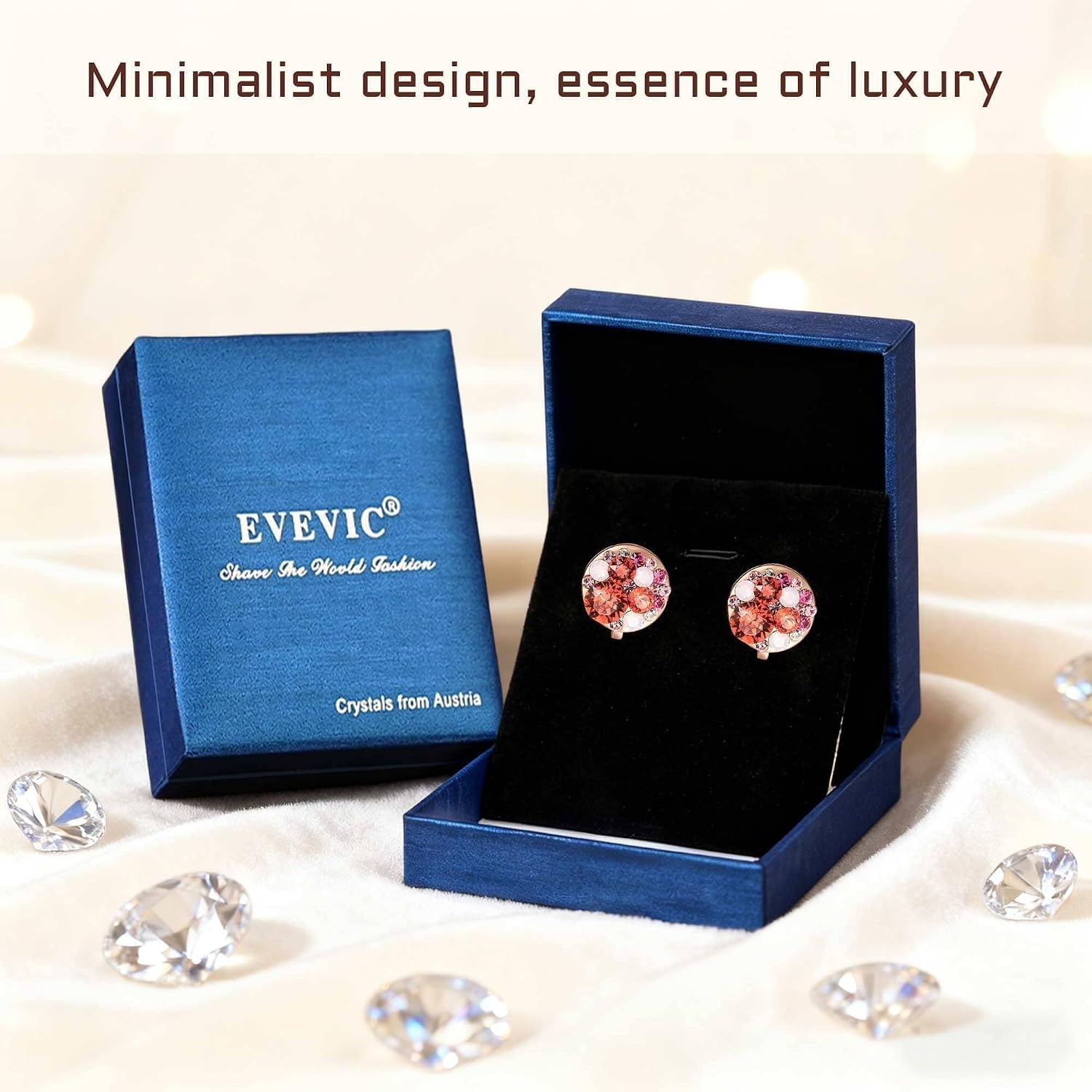 image:imageAustrian Crystal Multicolored Cilp On Earrings for Women  14K gold plated brasscolorful crystalnonpiercedsoft silicone padsgift boxPink Red CrystalsRose Goldtone