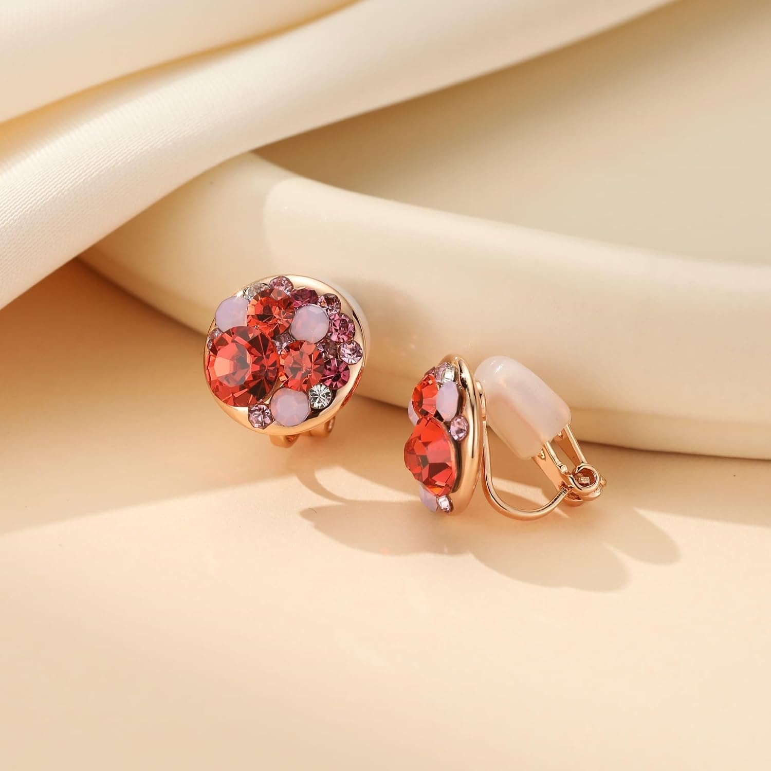 image:imageAustrian Crystal Multicolored Cilp On Earrings for Women  14K gold plated brasscolorful crystalnonpiercedsoft silicone padsgift boxPink Red CrystalsRose Goldtone