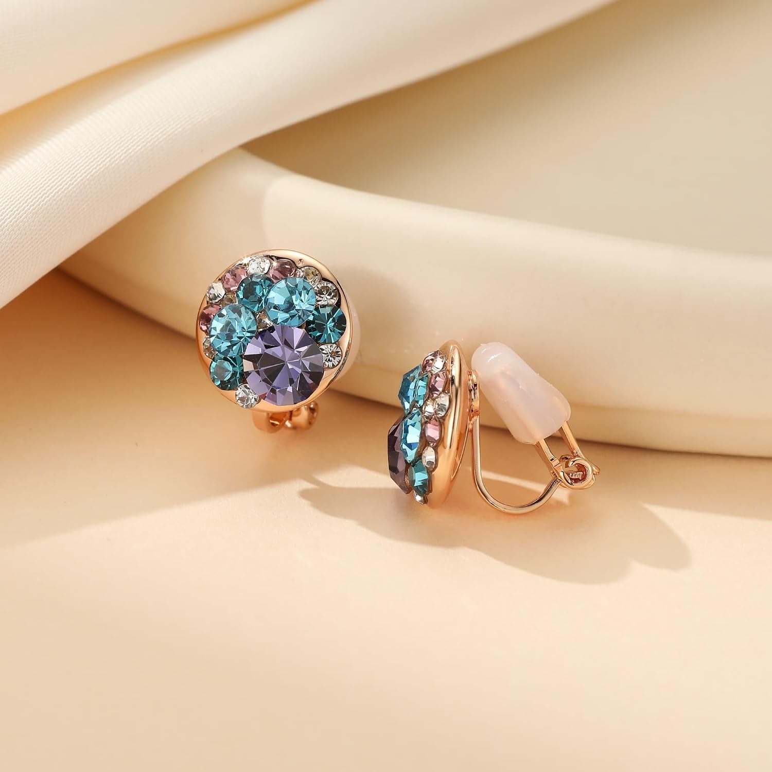 image:imageAustrian Crystal Multicolored Cilp On Earrings for Women  14K gold plated brasscolorful crystalnonpiercedsoft silicone padsgift boxPurple Main CrystalRose Goldtone