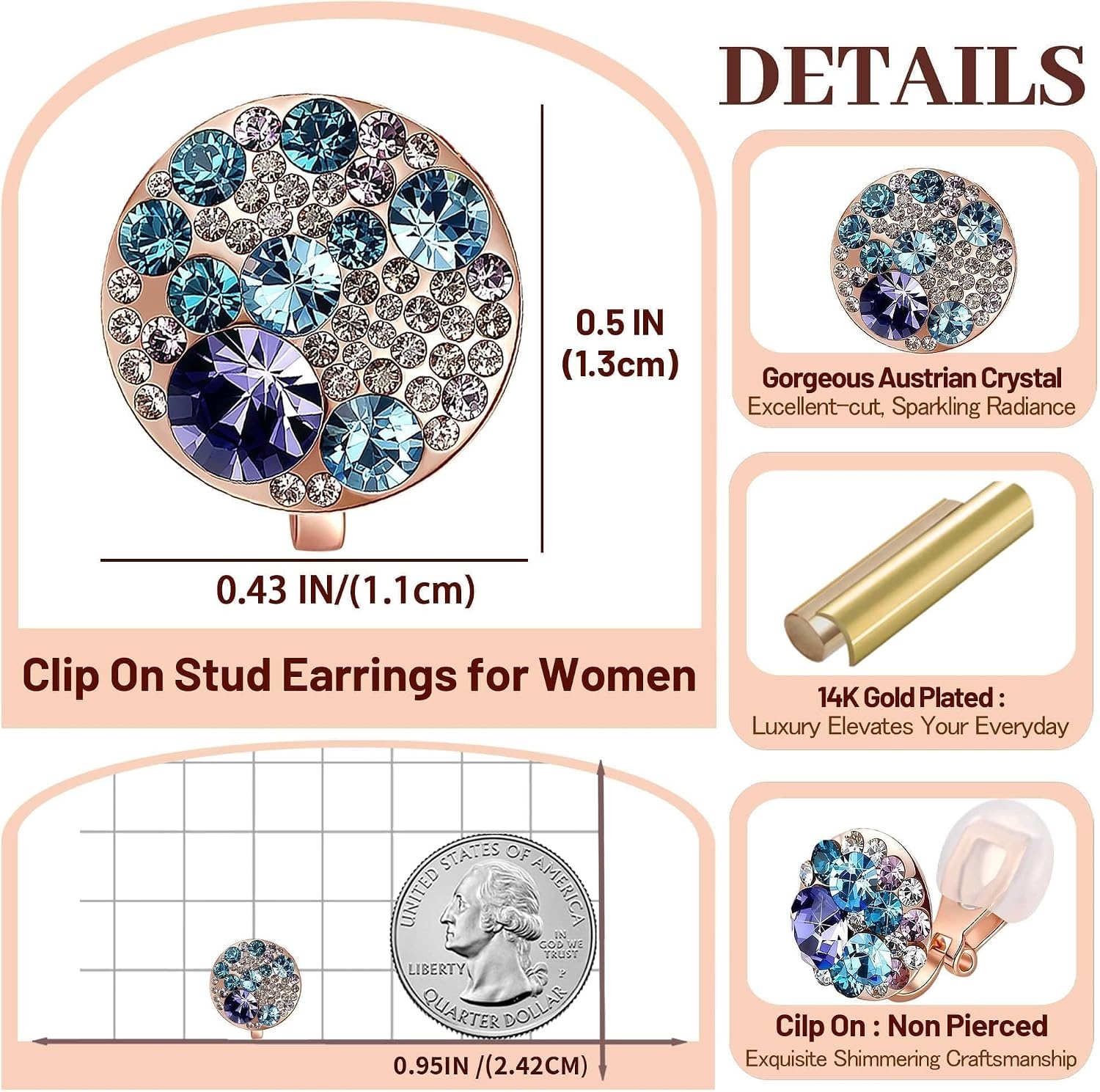 image:imageAustrian Crystal Multicolored Cilp On Earrings for Women  14K gold plated brasscolorful crystalnonpiercedsoft silicone padsgift boxPurple Main CrystalRose Goldtone