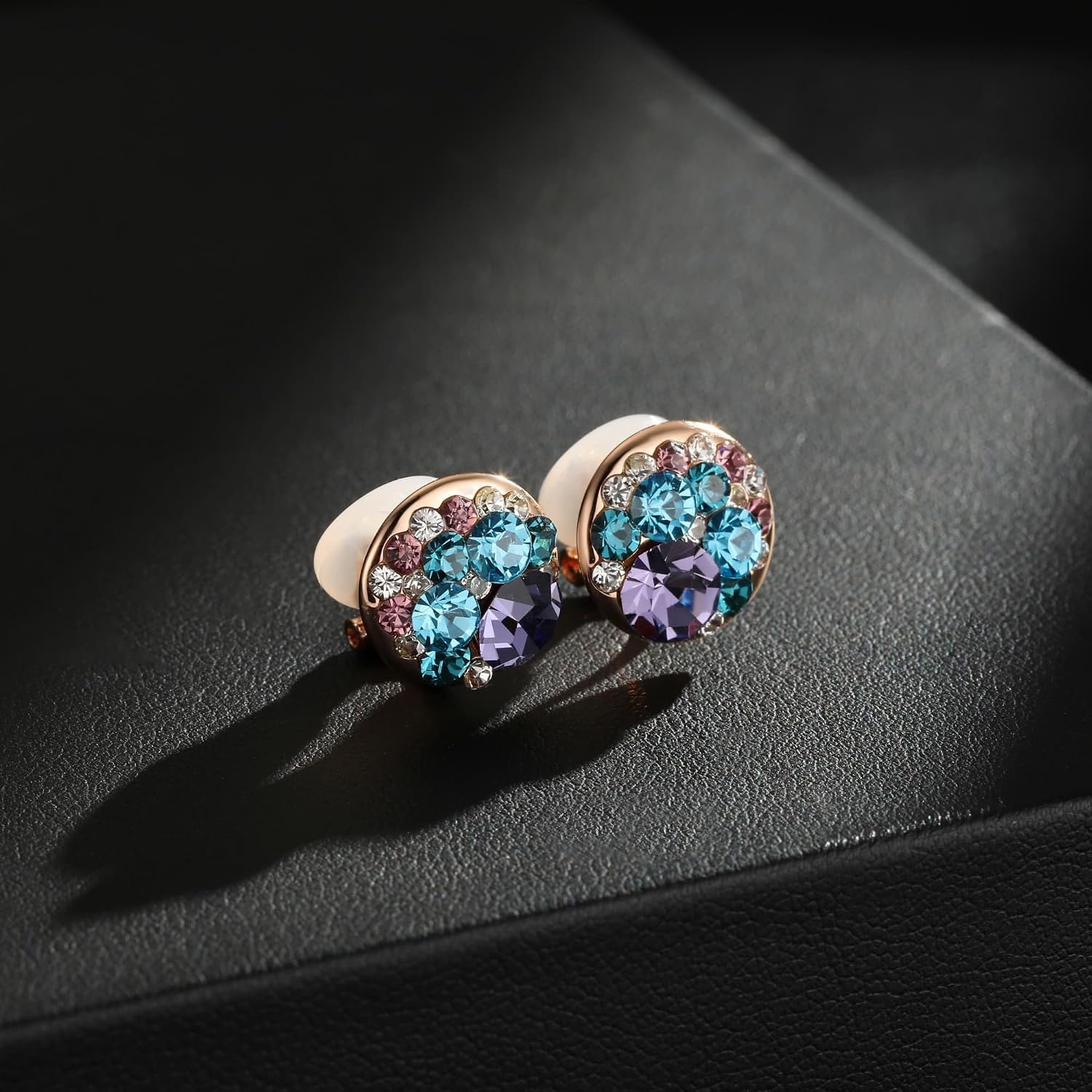 image:imageAustrian Crystal Multicolored Cilp On Earrings for Women  14K gold plated brasscolorful crystalnonpiercedsoft silicone padsgift boxPurple Main CrystalRose Goldtone