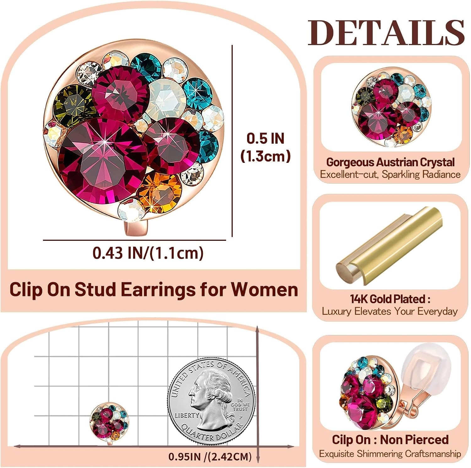 image:imageAustrian Crystal Multicolored Cilp On Earrings for Women  14K gold plated brasscolorful crystalnonpiercedsoft silicone padsgift boxRose Main CrystalRose Goldtone