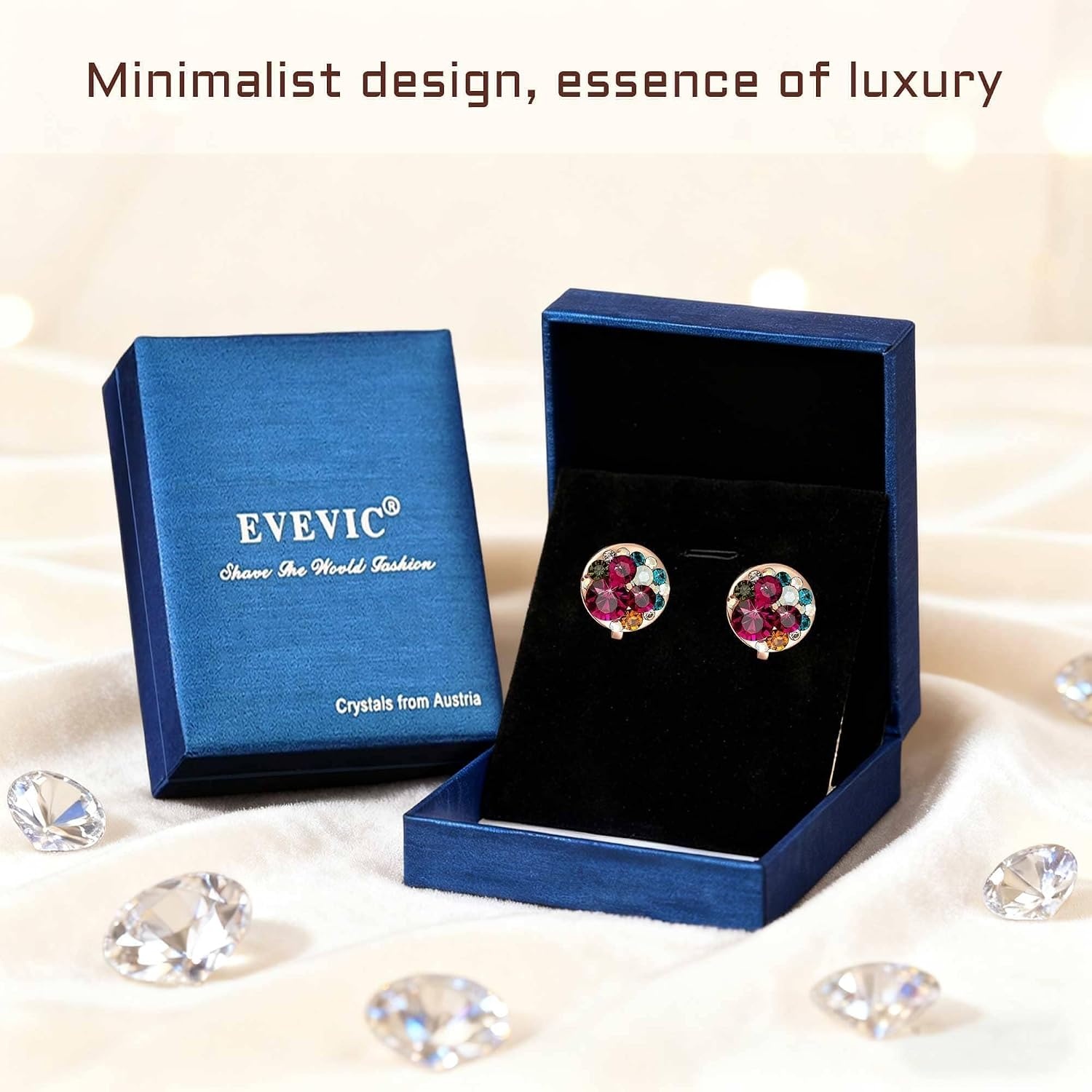 image:imageAustrian Crystal Multicolored Cilp On Earrings for Women  14K gold plated brasscolorful crystalnonpiercedsoft silicone padsgift boxRose Main CrystalRose Goldtone
