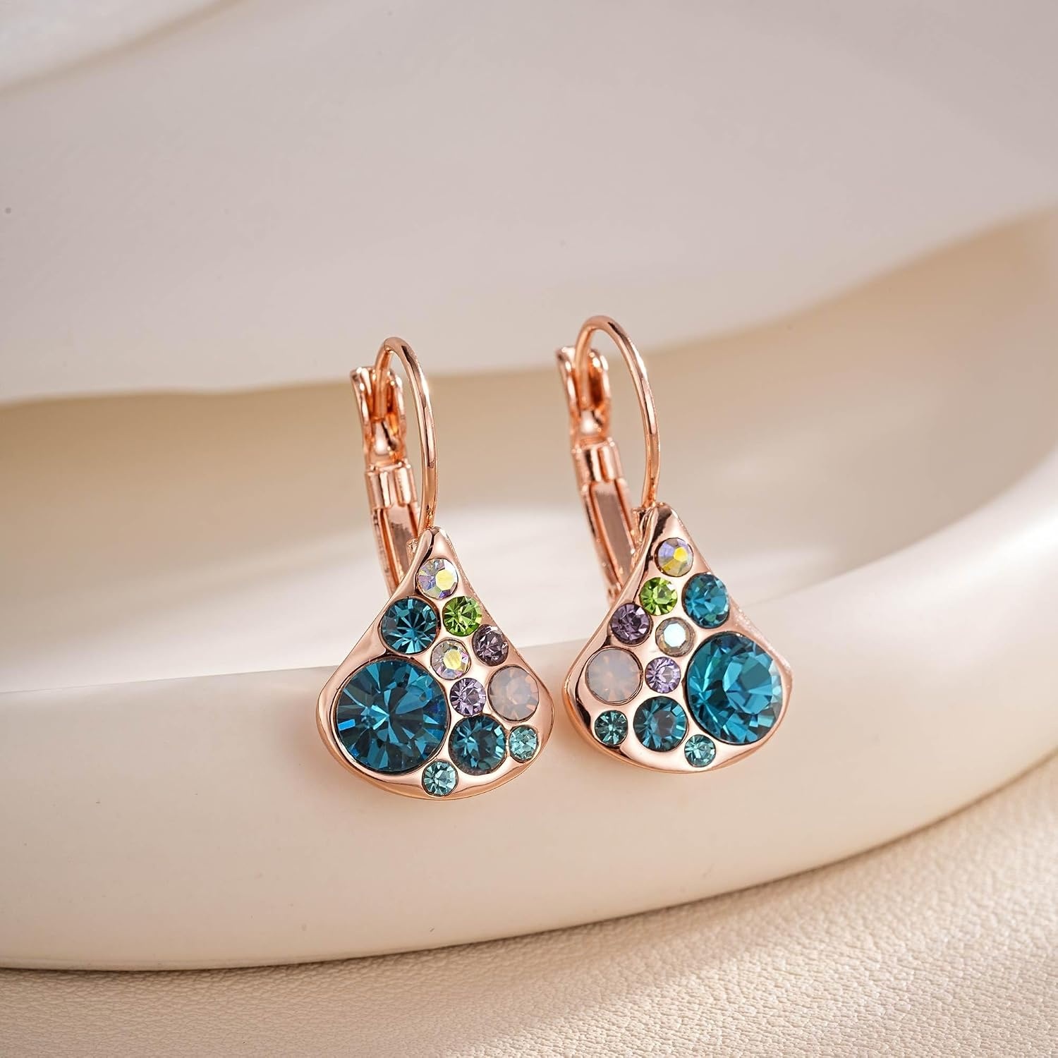 image:imageAustrian Crystal Multicolored Pear Dangle Drop Earrings for Women  14K gold plated brasscolorful crystalleverback claspgift boxPearshaped designBlue Green CrystalsRose Goldtone