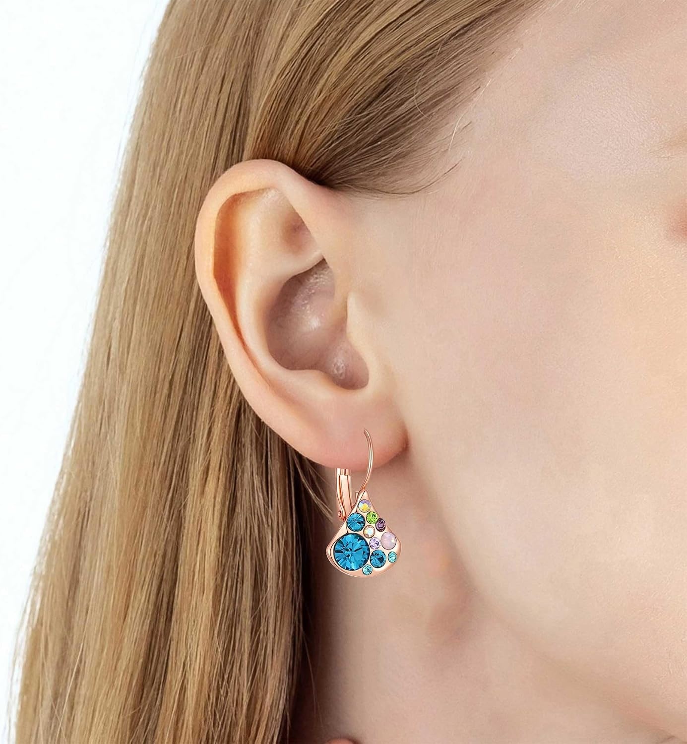 image:imageAustrian Crystal Multicolored Pear Dangle Drop Earrings for Women  14K gold plated brasscolorful crystalleverback claspgift boxPearshaped designBlue Green CrystalsRose Goldtone