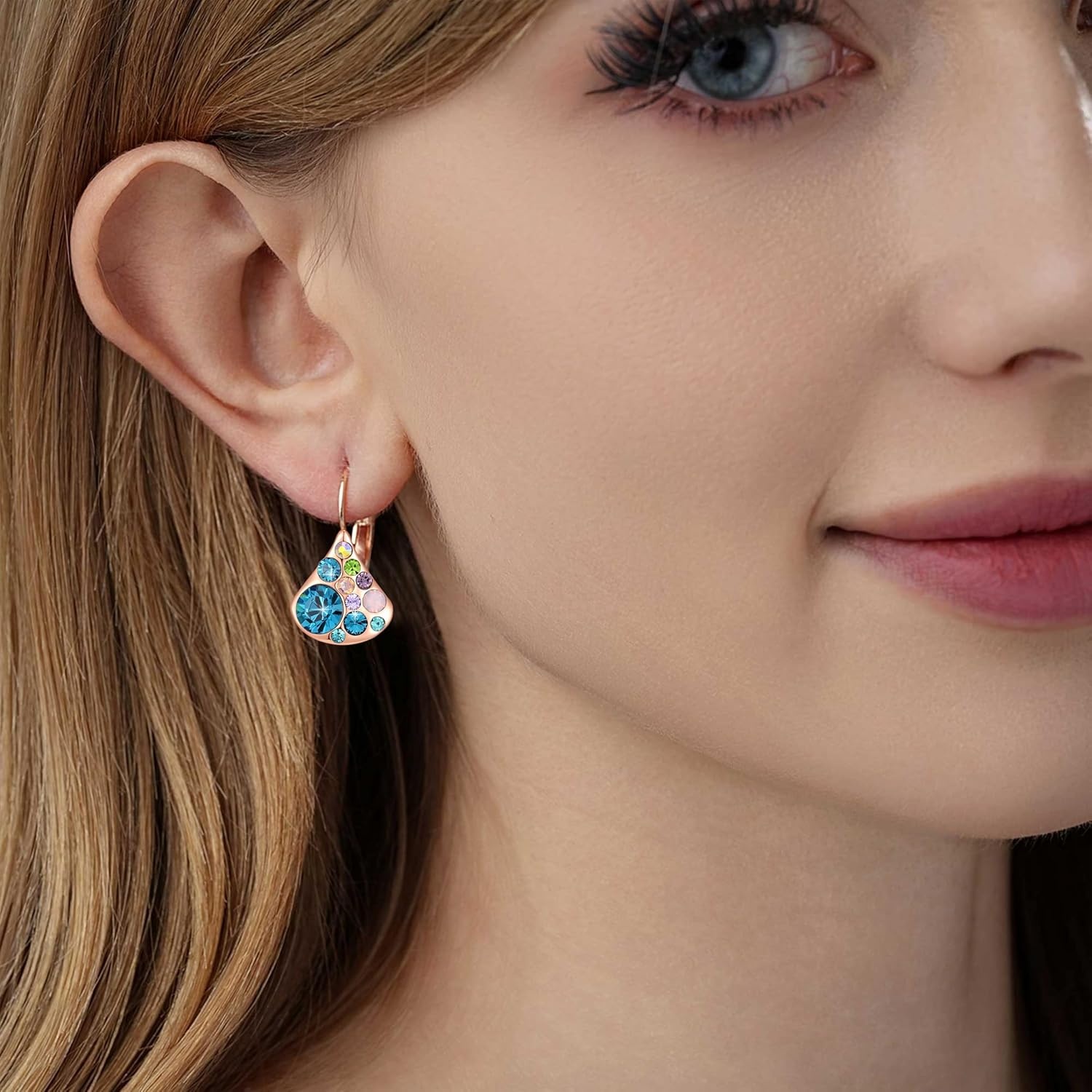 image:imageAustrian Crystal Multicolored Pear Dangle Drop Earrings for Women  14K gold plated brasscolorful crystalleverback claspgift boxPearshaped designBlue Green CrystalsRose Goldtone