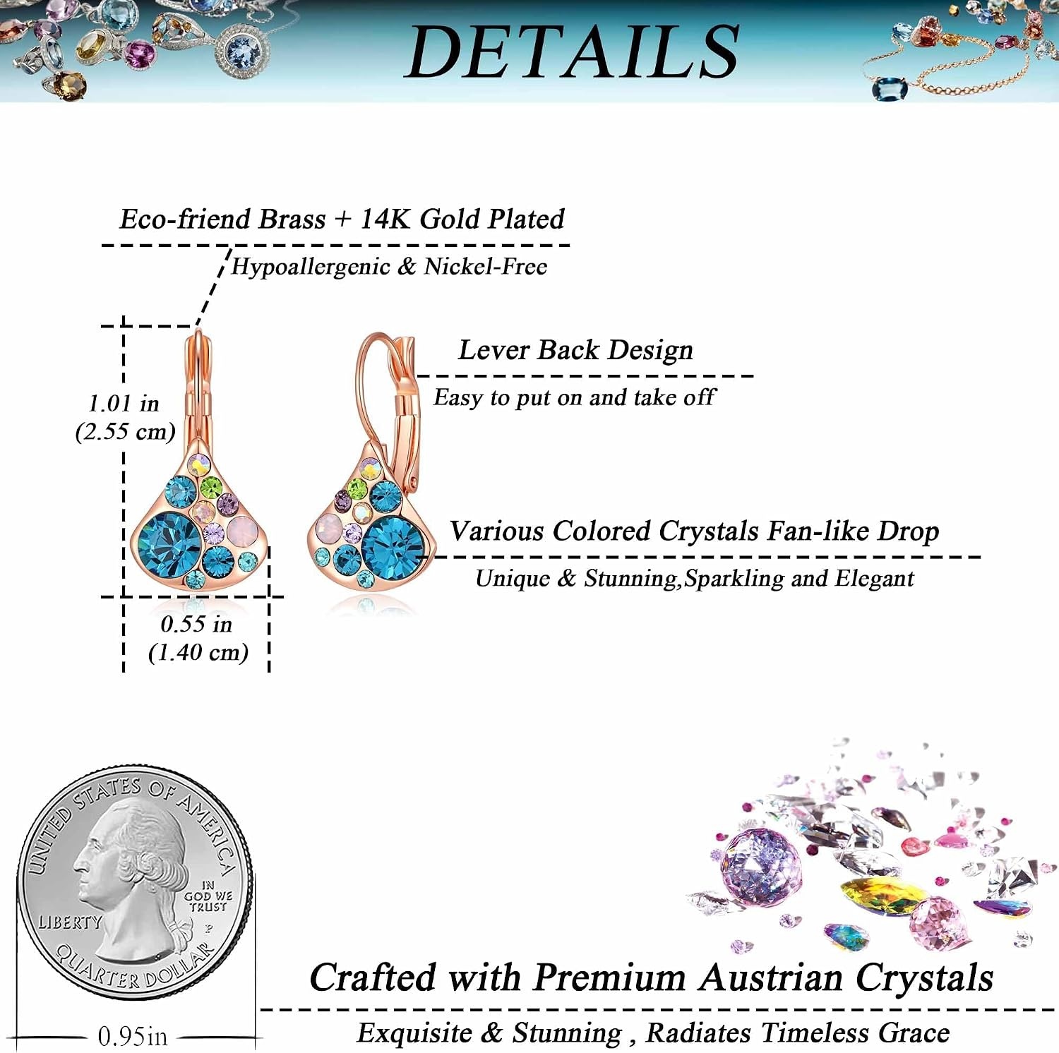 image:imageAustrian Crystal Multicolored Pear Dangle Drop Earrings for Women  14K gold plated brasscolorful crystalleverback claspgift boxPearshaped designBlue Green CrystalsRose Goldtone