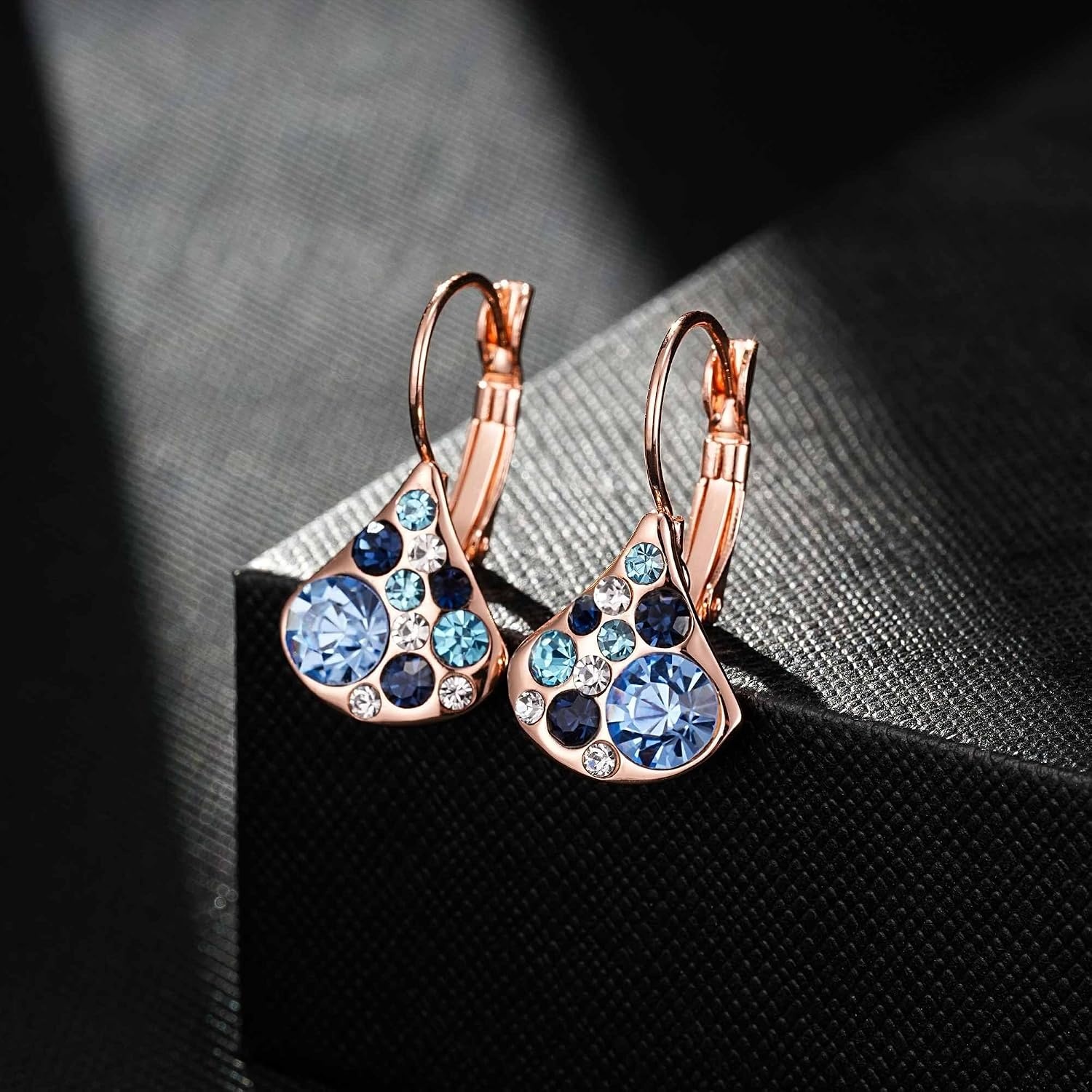 image:imageAustrian Crystal Multicolored Pear Dangle Drop Earrings for Women  14K gold plated brasscolorful crystalleverback claspgift boxPearshaped designBlue Main CrystalRose Goldtone