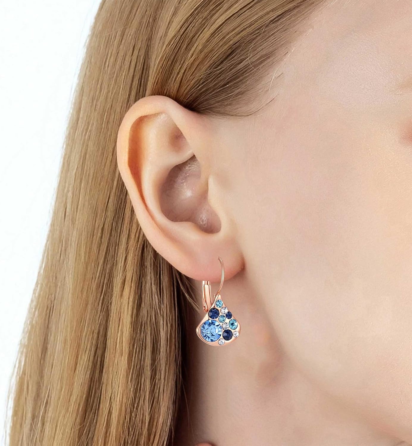 image:imageAustrian Crystal Multicolored Pear Dangle Drop Earrings for Women  14K gold plated brasscolorful crystalleverback claspgift boxPearshaped designBlue Main CrystalRose Goldtone