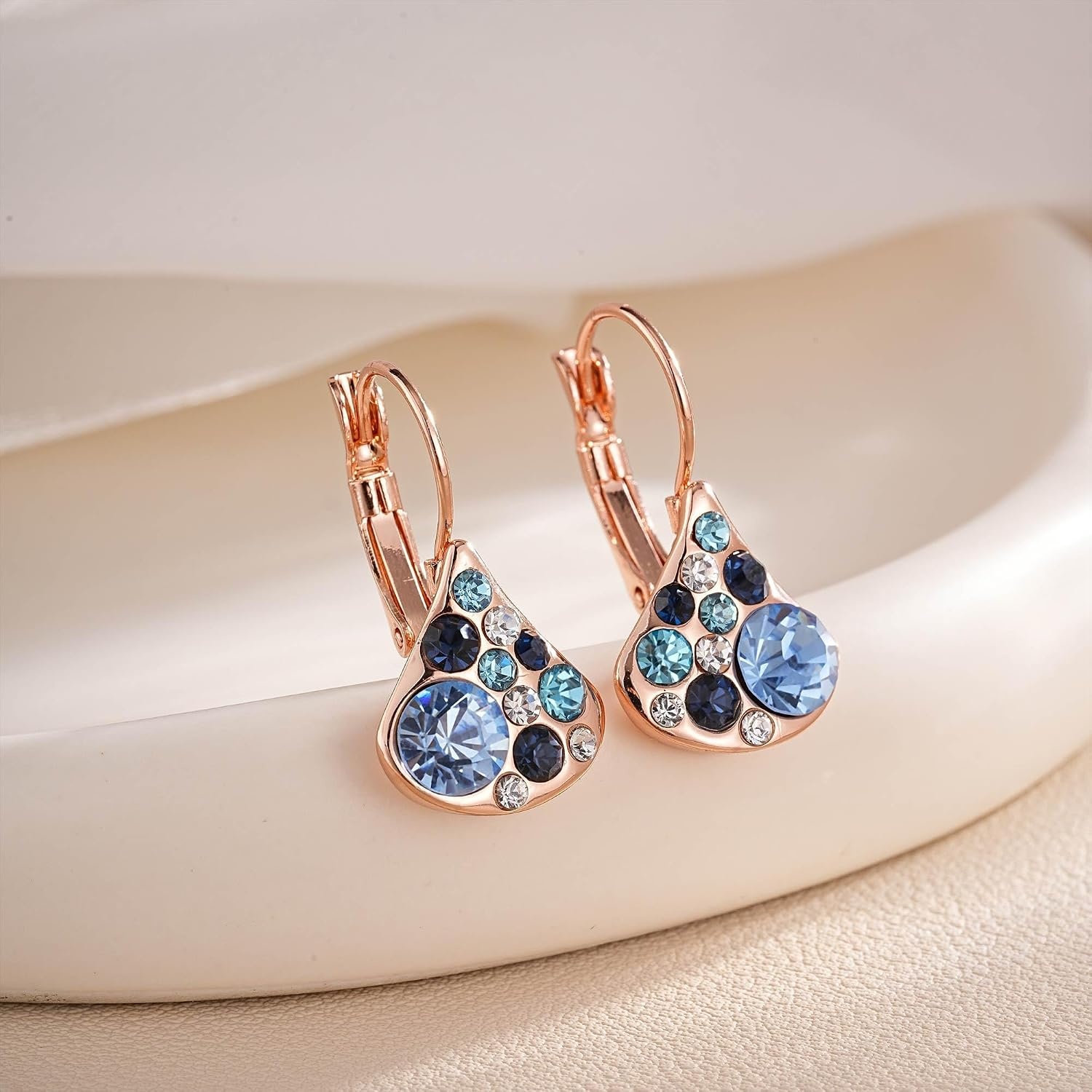 image:imageAustrian Crystal Multicolored Pear Dangle Drop Earrings for Women  14K gold plated brasscolorful crystalleverback claspgift boxPearshaped designBlue Main CrystalRose Goldtone