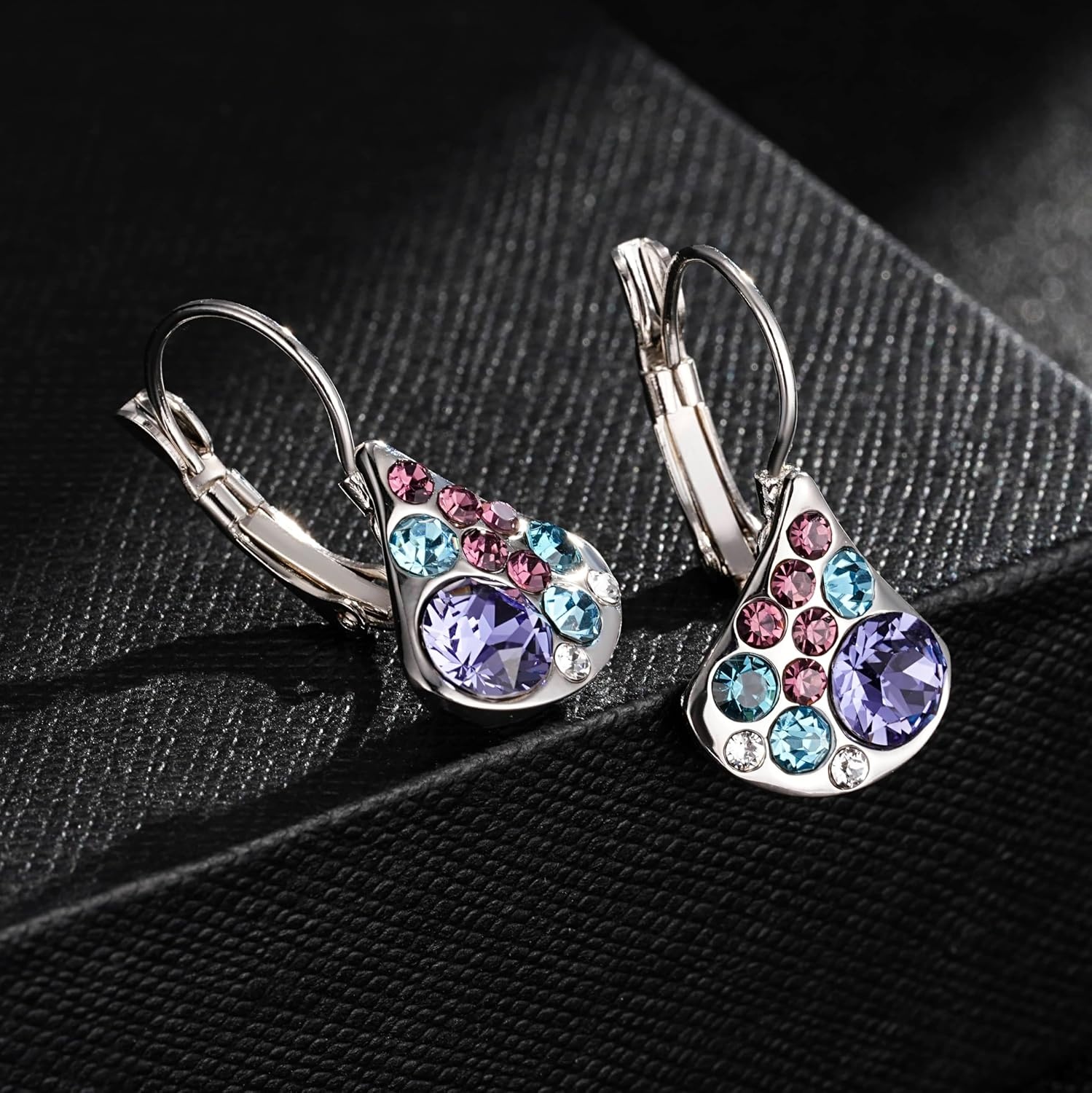 image:imageAustrian Crystal Multicolored Pear Dangle Drop Earrings for Women  14K gold plated brasscolorful crystalleverback claspgift boxPearshaped designPurple Main Crystal Silvertone