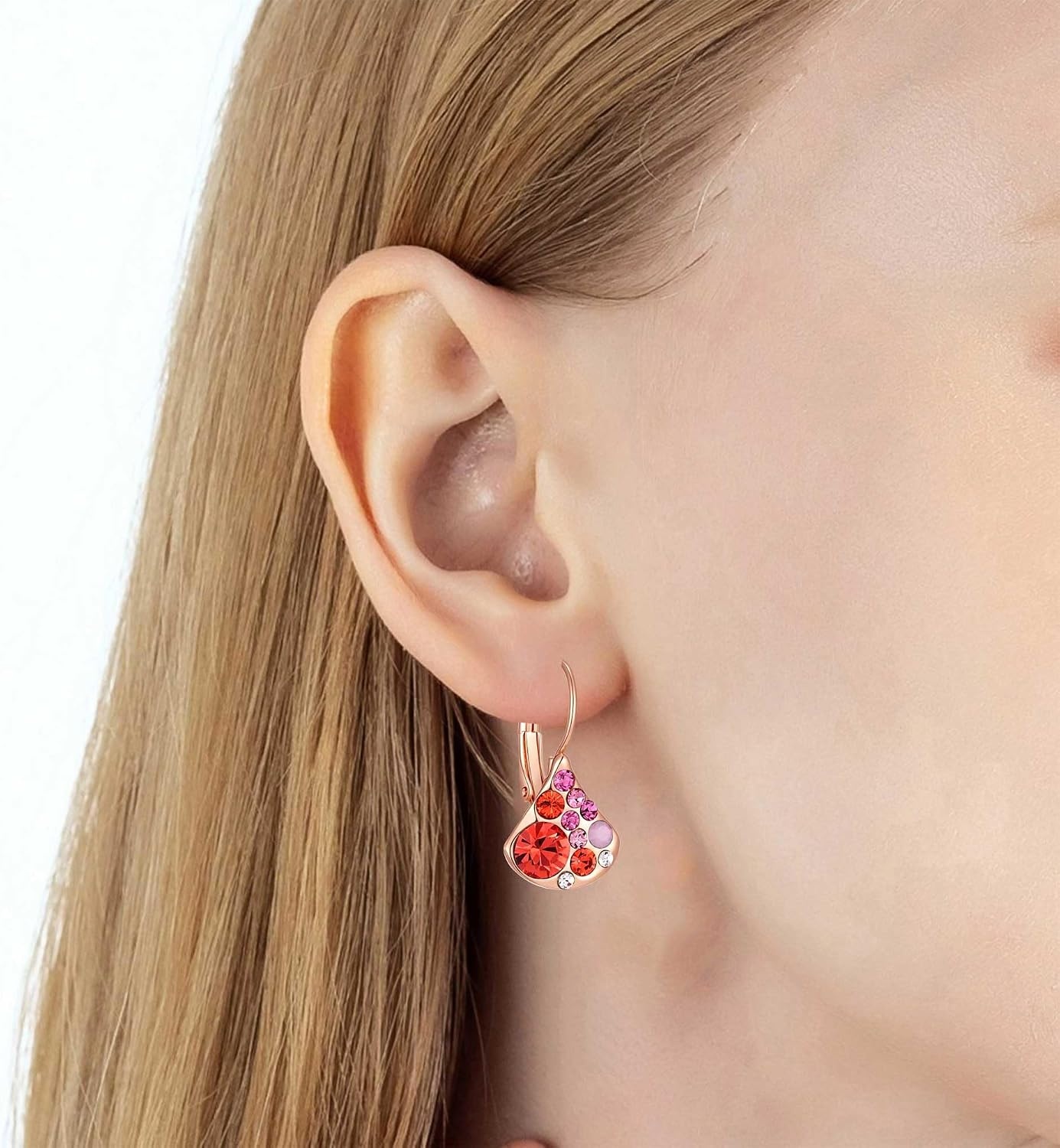 image:imageAustrian Crystal Multicolored Pear Dangle Drop Earrings for Women  14K gold plated brasscolorful crystalleverback claspgift boxPearshaped designRed Main CrystalRose Goldtone