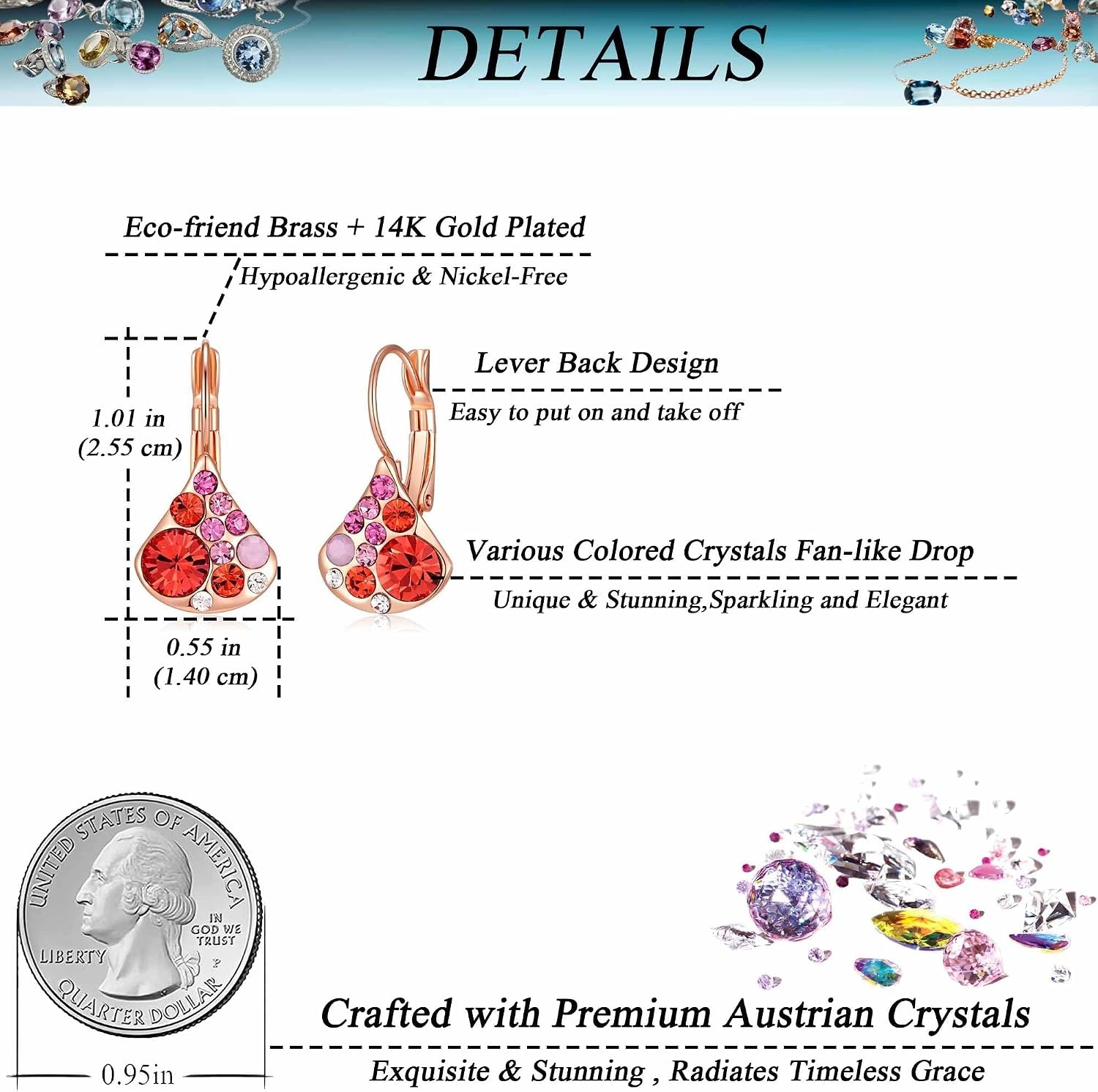 image:imageAustrian Crystal Multicolored Pear Dangle Drop Earrings for Women  14K gold plated brasscolorful crystalleverback claspgift boxPearshaped designRed Main CrystalRose Goldtone