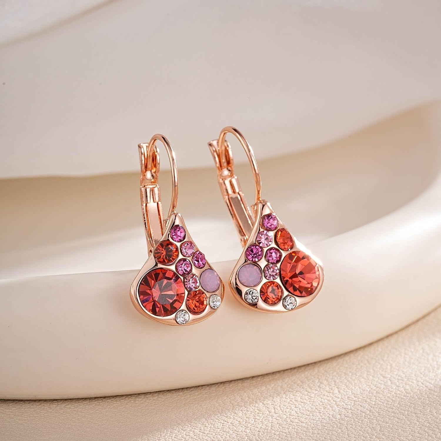 image:imageAustrian Crystal Multicolored Pear Dangle Drop Earrings for Women  14K gold plated brasscolorful crystalleverback claspgift boxPearshaped designRed Main CrystalRose Goldtone