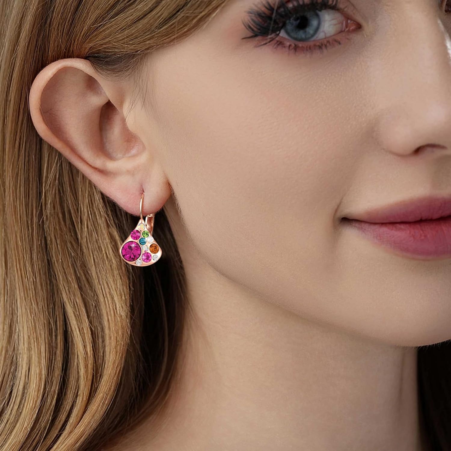image:imageAustrian Crystal Multicolored Pear Dangle Drop Earrings for Women  14K gold plated brasscolorful crystalleverback claspgift boxPearshaped designRose Main CrystalRose Goldtone