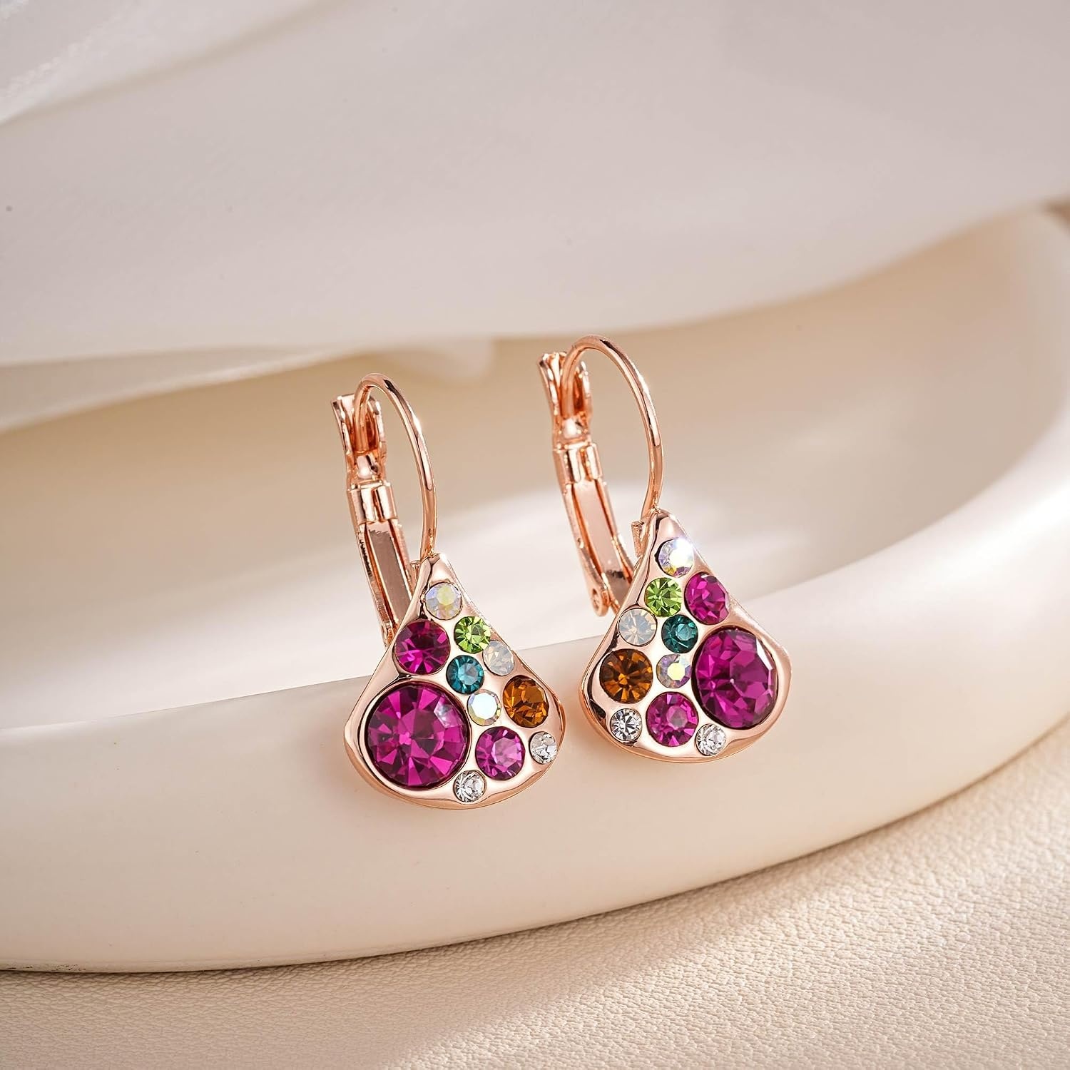image:imageAustrian Crystal Multicolored Pear Dangle Drop Earrings for Women  14K gold plated brasscolorful crystalleverback claspgift boxPearshaped designRose Main CrystalRose Goldtone