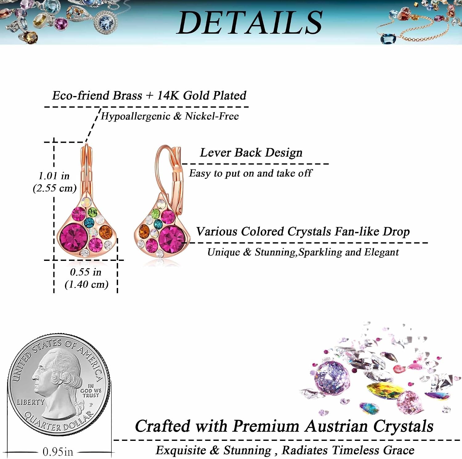 image:imageAustrian Crystal Multicolored Pear Dangle Drop Earrings for Women  14K gold plated brasscolorful crystalleverback claspgift boxPearshaped designRose Main CrystalRose Goldtone