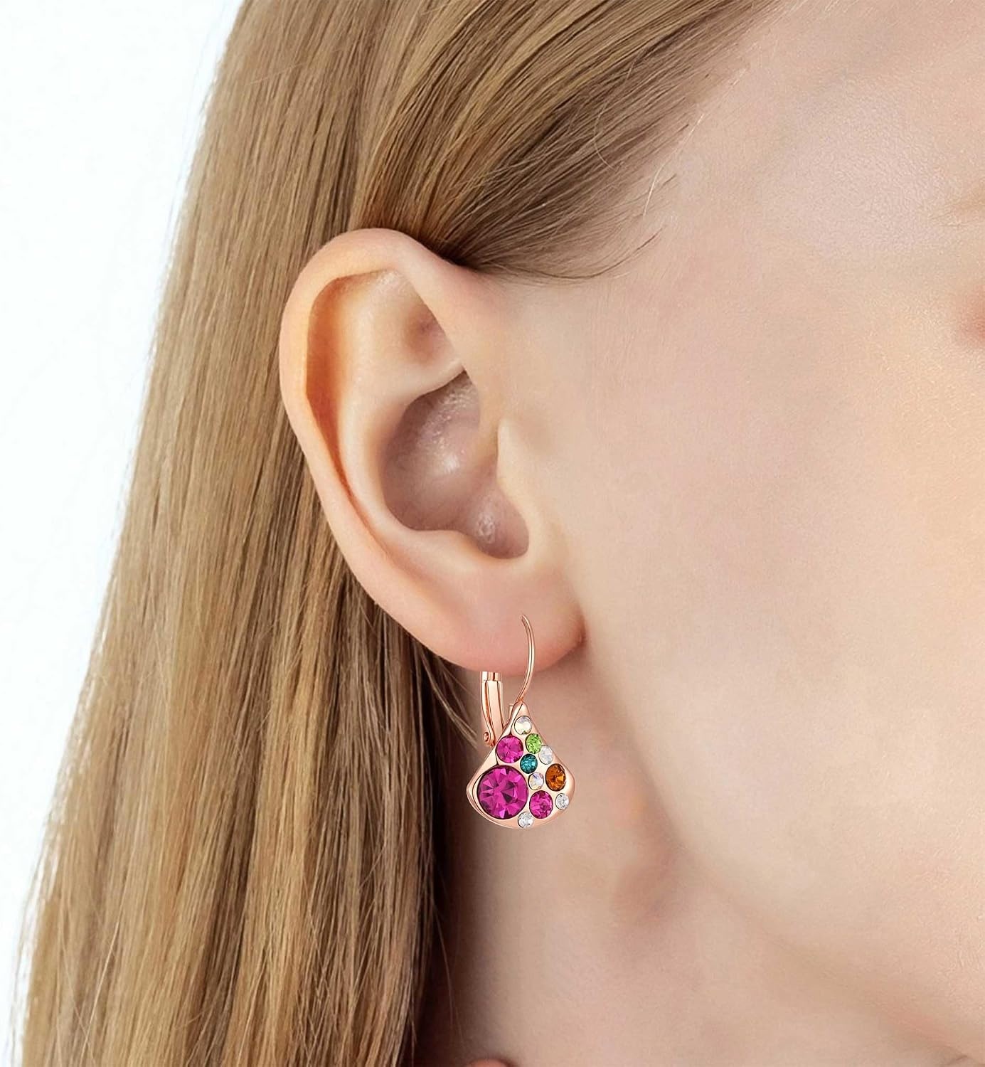 image:imageAustrian Crystal Multicolored Pear Dangle Drop Earrings for Women  14K gold plated brasscolorful crystalleverback claspgift boxPearshaped designRose Main CrystalRose Goldtone