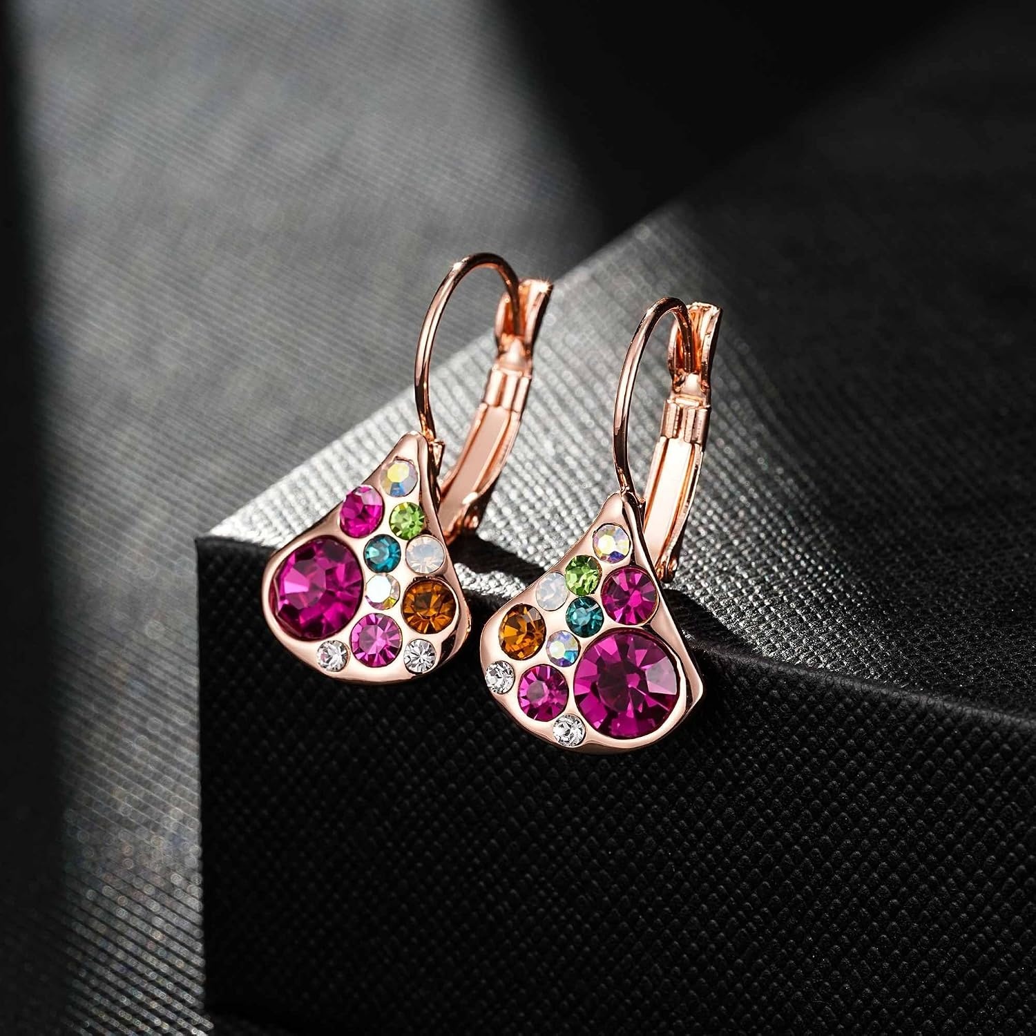 image:imageAustrian Crystal Multicolored Pear Dangle Drop Earrings for Women  14K gold plated brasscolorful crystalleverback claspgift boxPearshaped designRose Main CrystalRose Goldtone