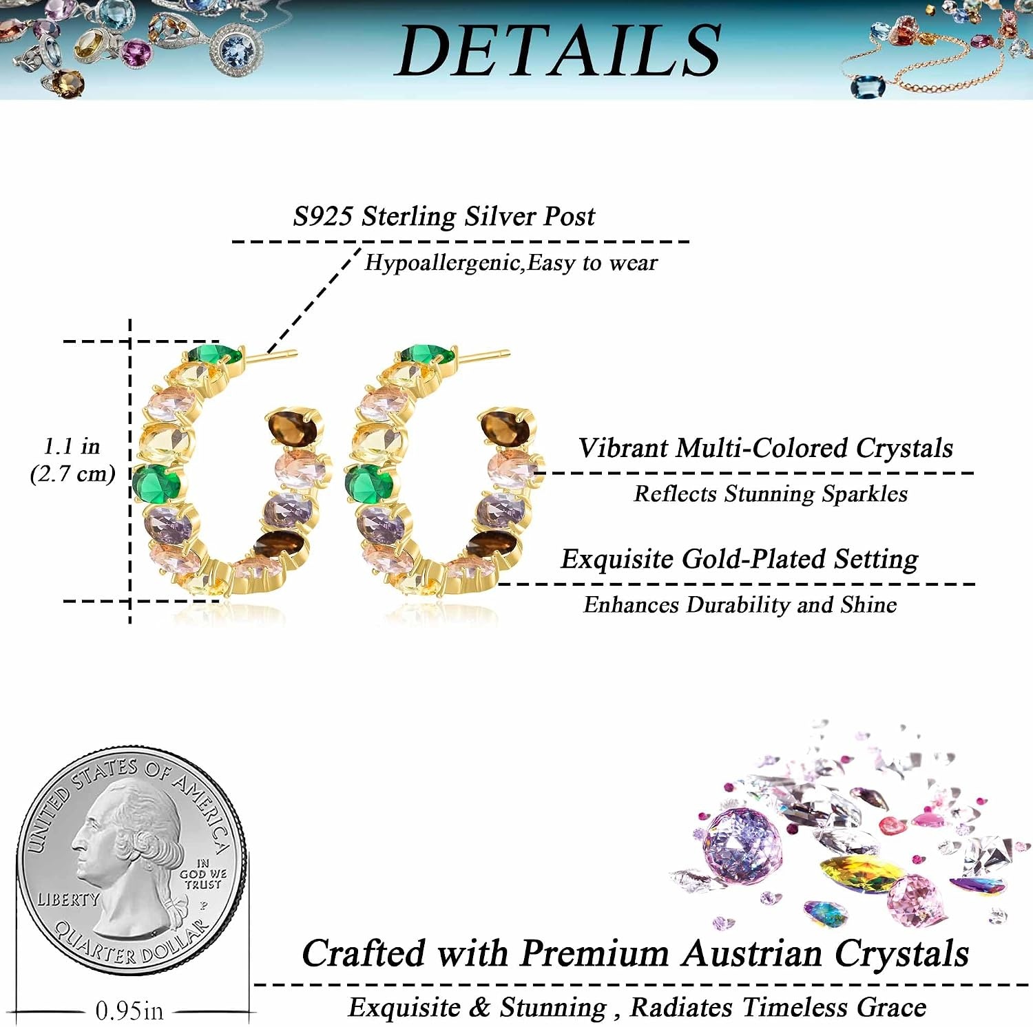 image:imageDazzling Multicolor Austrian Crystal 14K Gold Plated Hoop Earrings for Women Fashion Hypoallergenic Jewelry GiftMulticolored Goldtone
