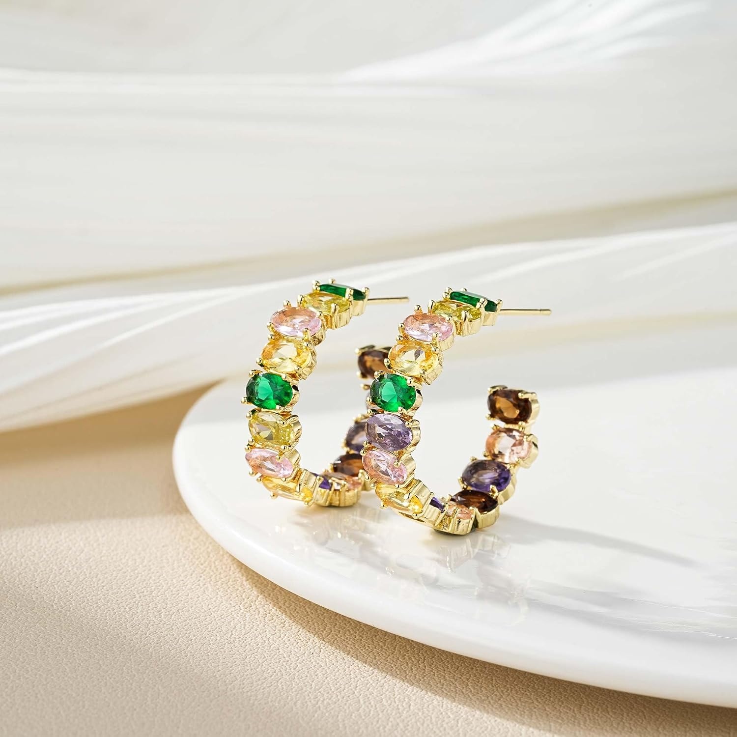 image:imageDazzling Multicolor Austrian Crystal 14K Gold Plated Hoop Earrings for Women Fashion Hypoallergenic Jewelry GiftMulticolored Goldtone
