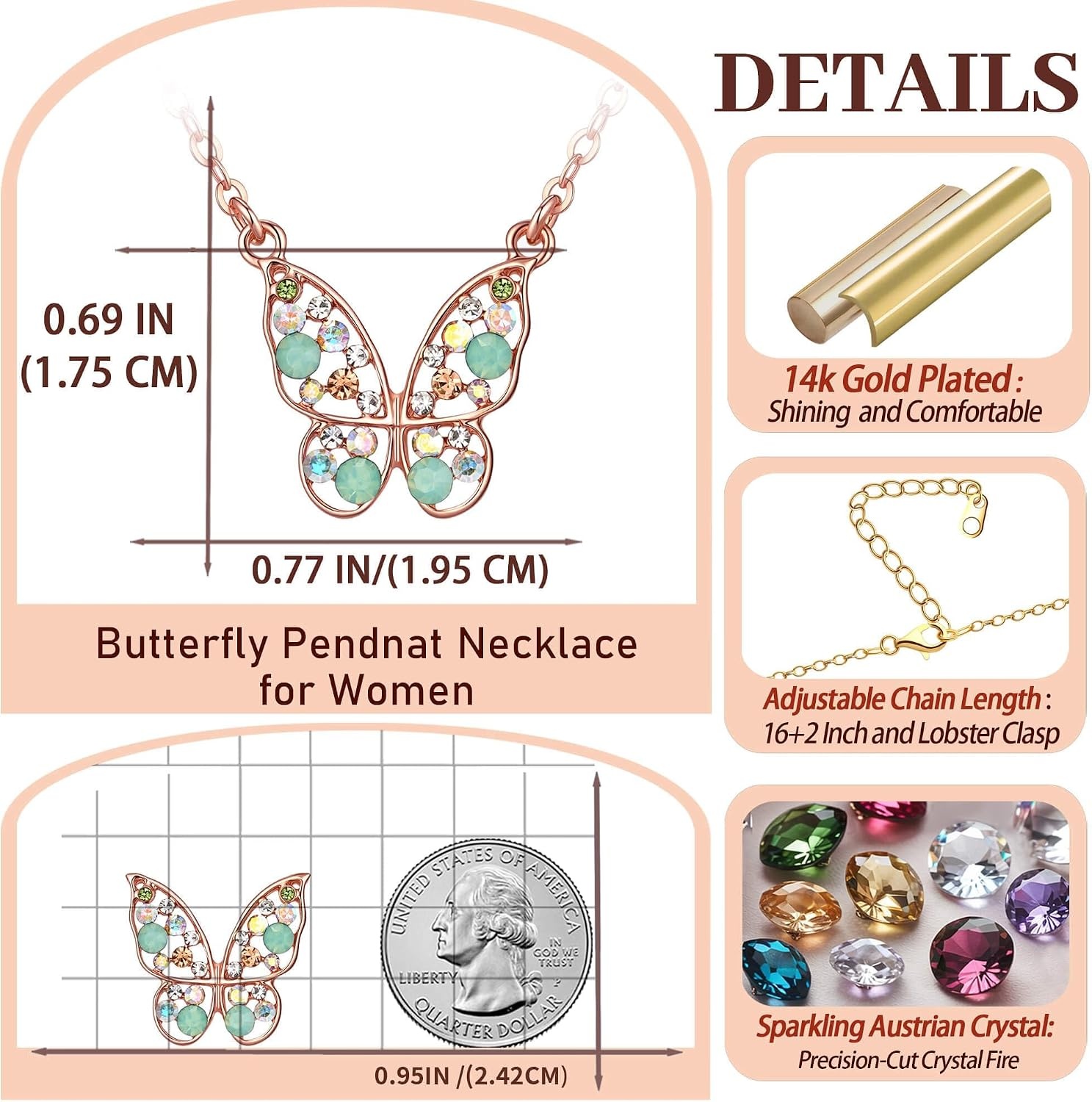 image:imageEVEVIC Austrian Crystal Colorful Butterfly Pendant Necklace for Women  162 adjustable chain14K gold plated brassmulticolored austrian crystallobster claspgift boxdelicate butterfly designGreen OpalAurora Borealis Crystal
