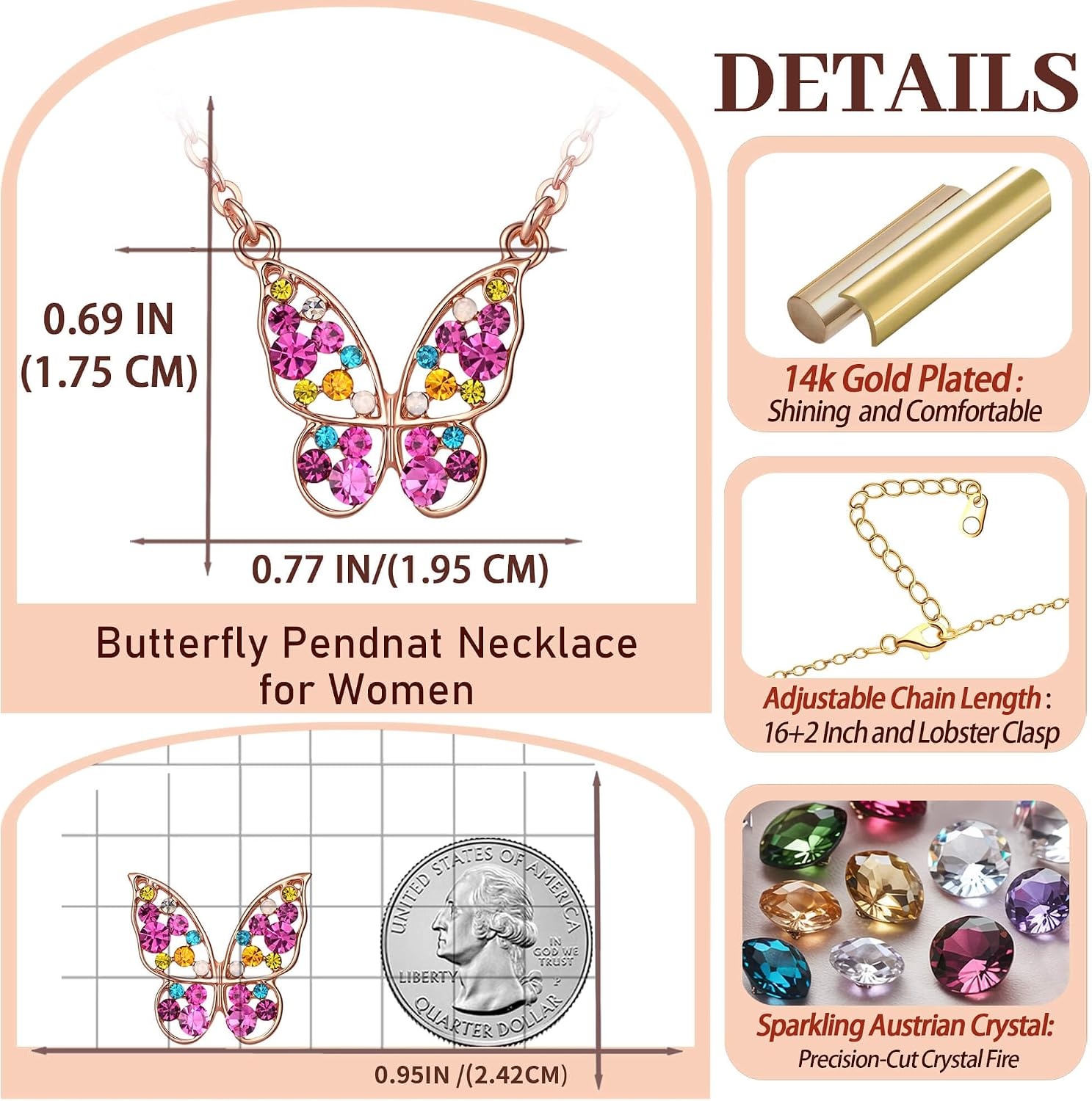 image:imageEVEVIC Austrian Crystal Colorful Butterfly Pendant Necklace for Women  162 adjustable chain14K gold plated brassmulticolored austrian crystallobster claspgift boxdelicate butterfly designRose Main CrystalRose Goldtone